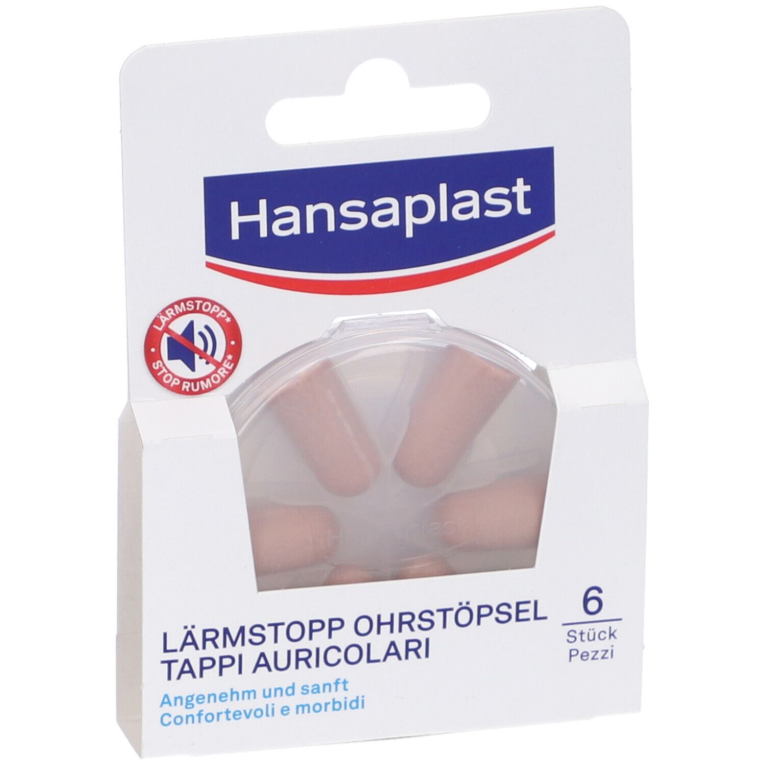 Confezione di tappi per le orecchie Hansaplast. Sei pezzi. Tappi arancioni in confezione di plastica trasparente, scatola bianca.