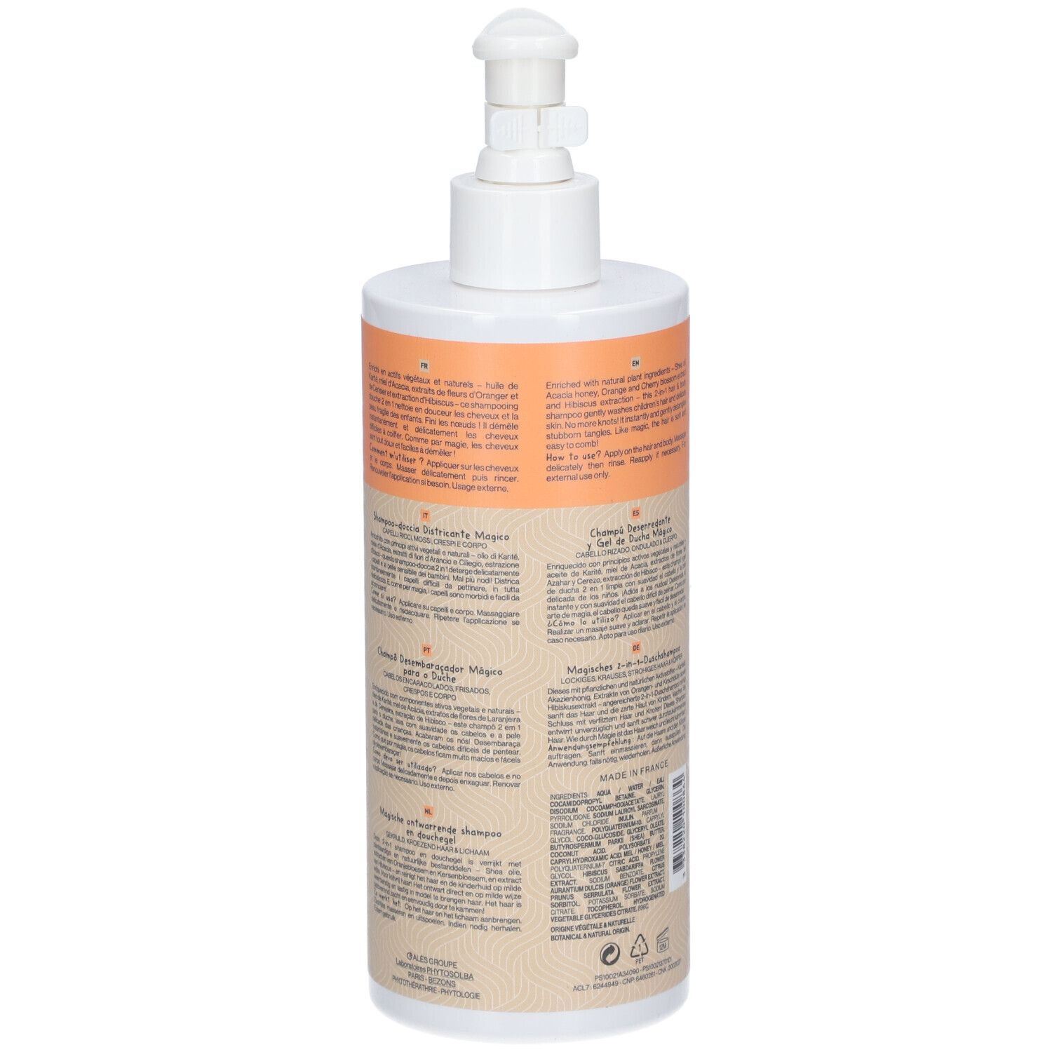 Flacone bianco con etichetta arancione. Testo: PHYTOSPECIFIC Kids. Retro con testo multilingue.