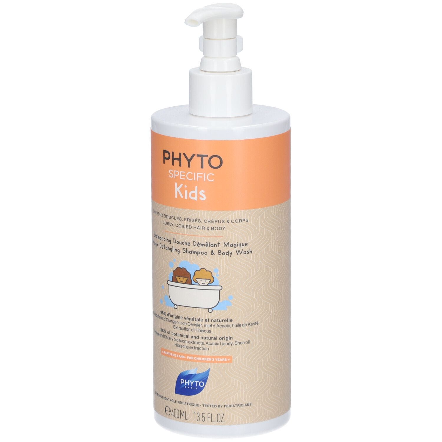 Flacone con dosatore. Scritta: PHYTOSPECIFIC Kids. Shampoo-Doccia Districante Magico. Illustrazione: bambini in vasca.