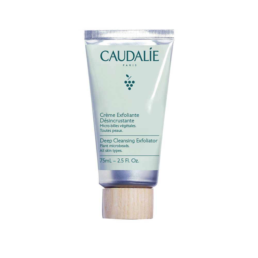 Tubo di peeling viso CAUDALÍE. Scritta: Crème Exfoliante Désincrustante. Tappo in legno. 75ml.