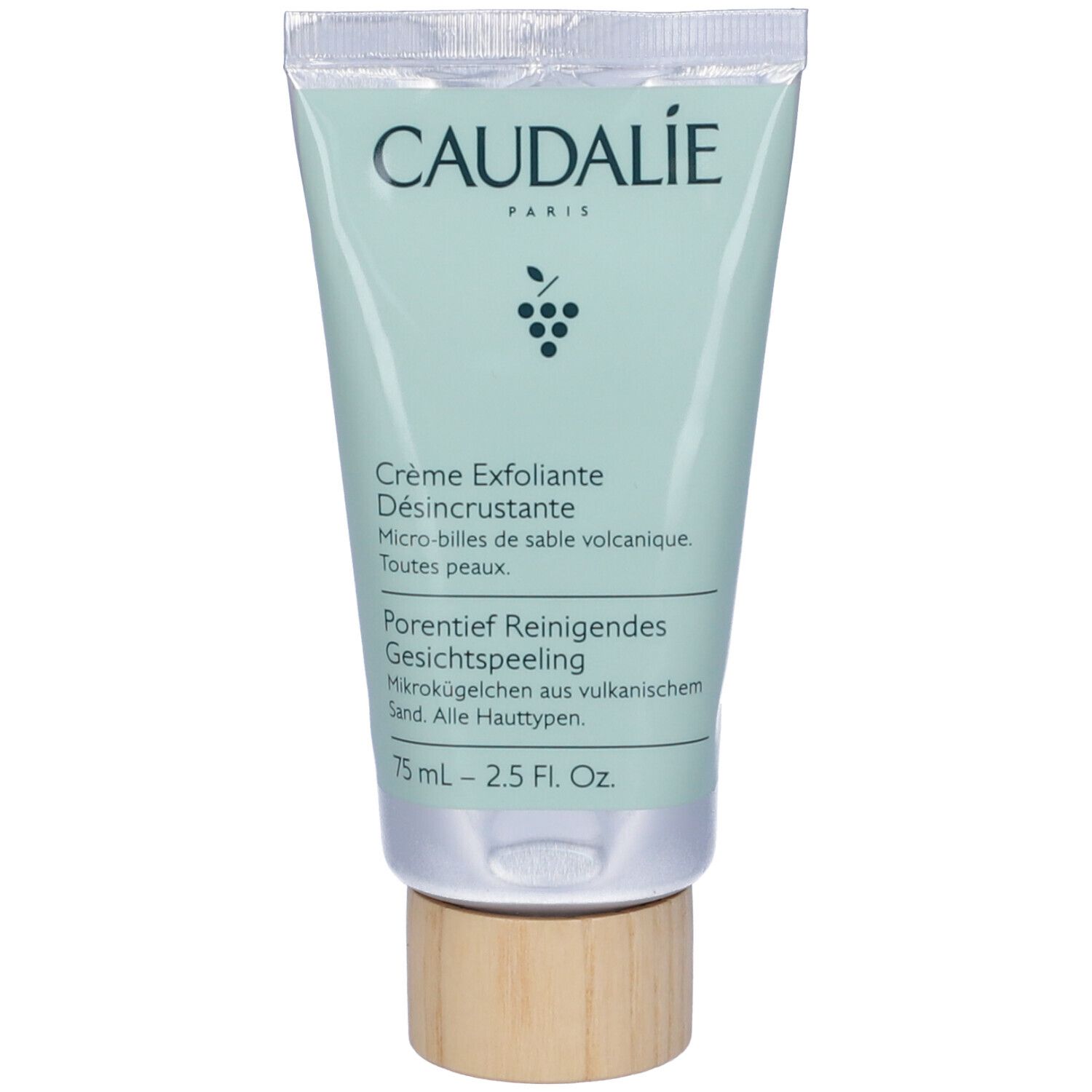 Tubo di peeling viso CAUDALÍE. Scritta: Porentief Reinigendes Gesichtspeeling. 75ml.