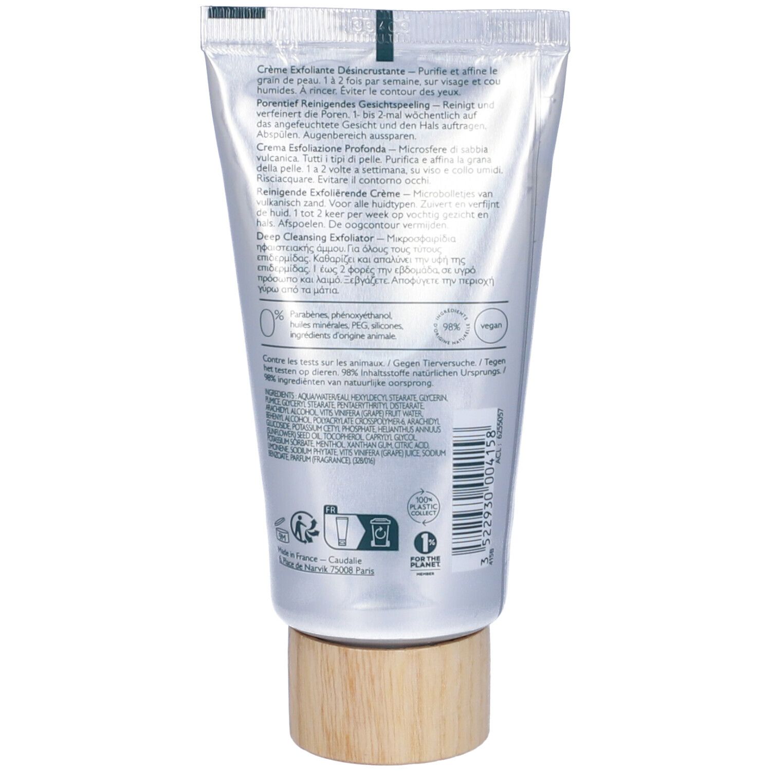 Retro del tubo di peeling viso. Testo multilingue. Tappo in legno. Sigillo vegano.