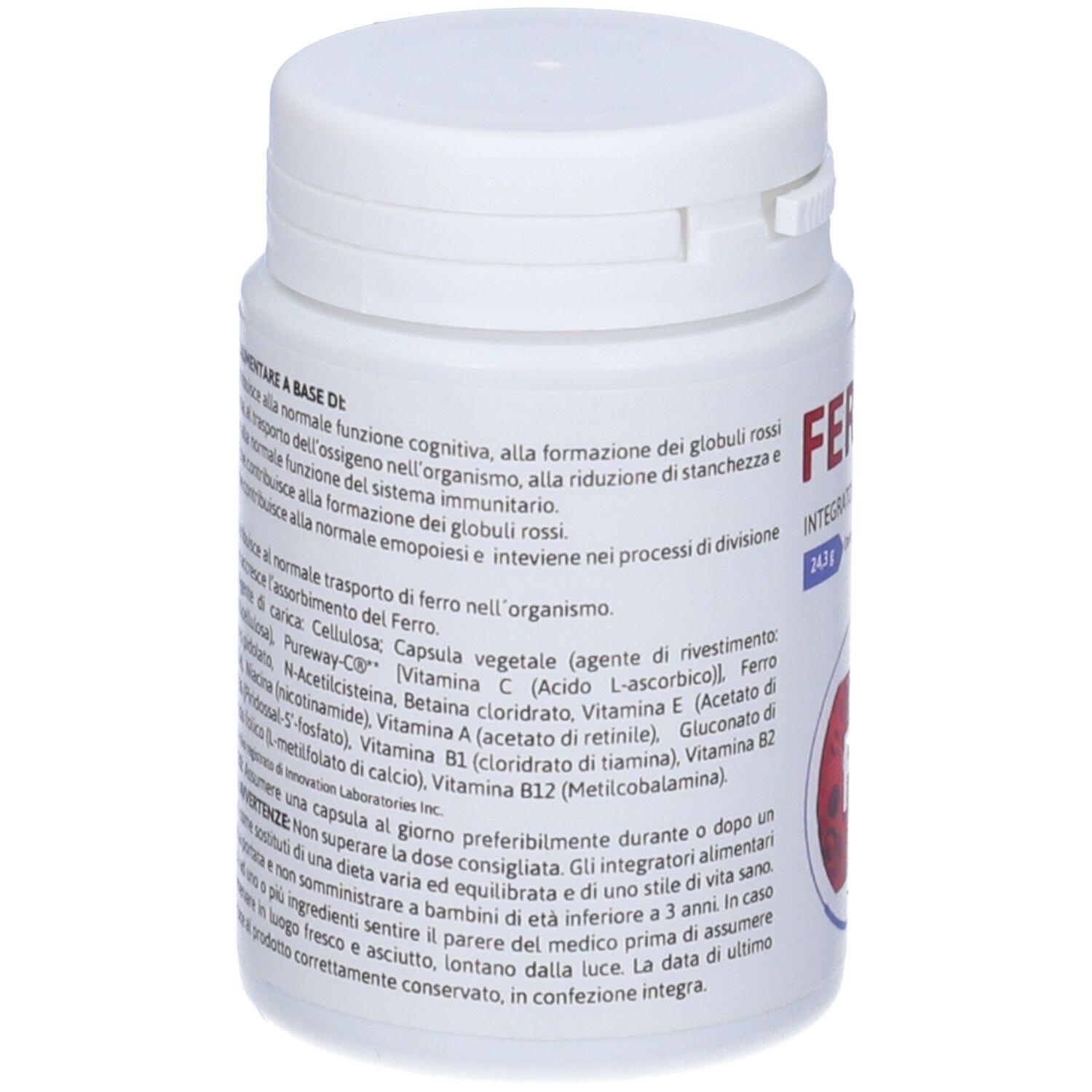 Flacone bianco con testo. Contiene informazioni su ingredienti, dosaggio e avvertenze. Retro del prodotto.