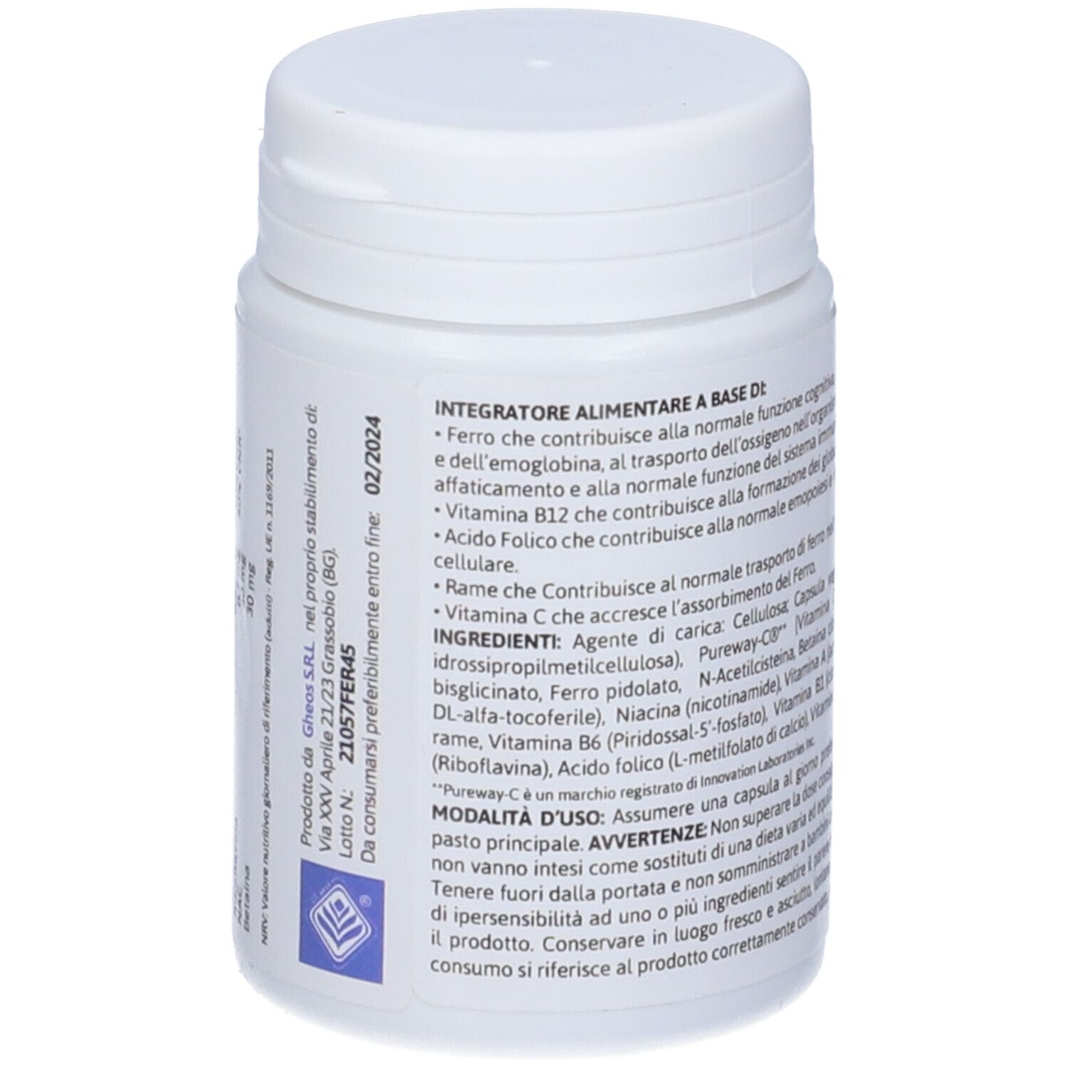 Flacone bianco con testo. Contiene informazioni su ingredienti, modalità d'uso e scadenza. Retro del prodotto.