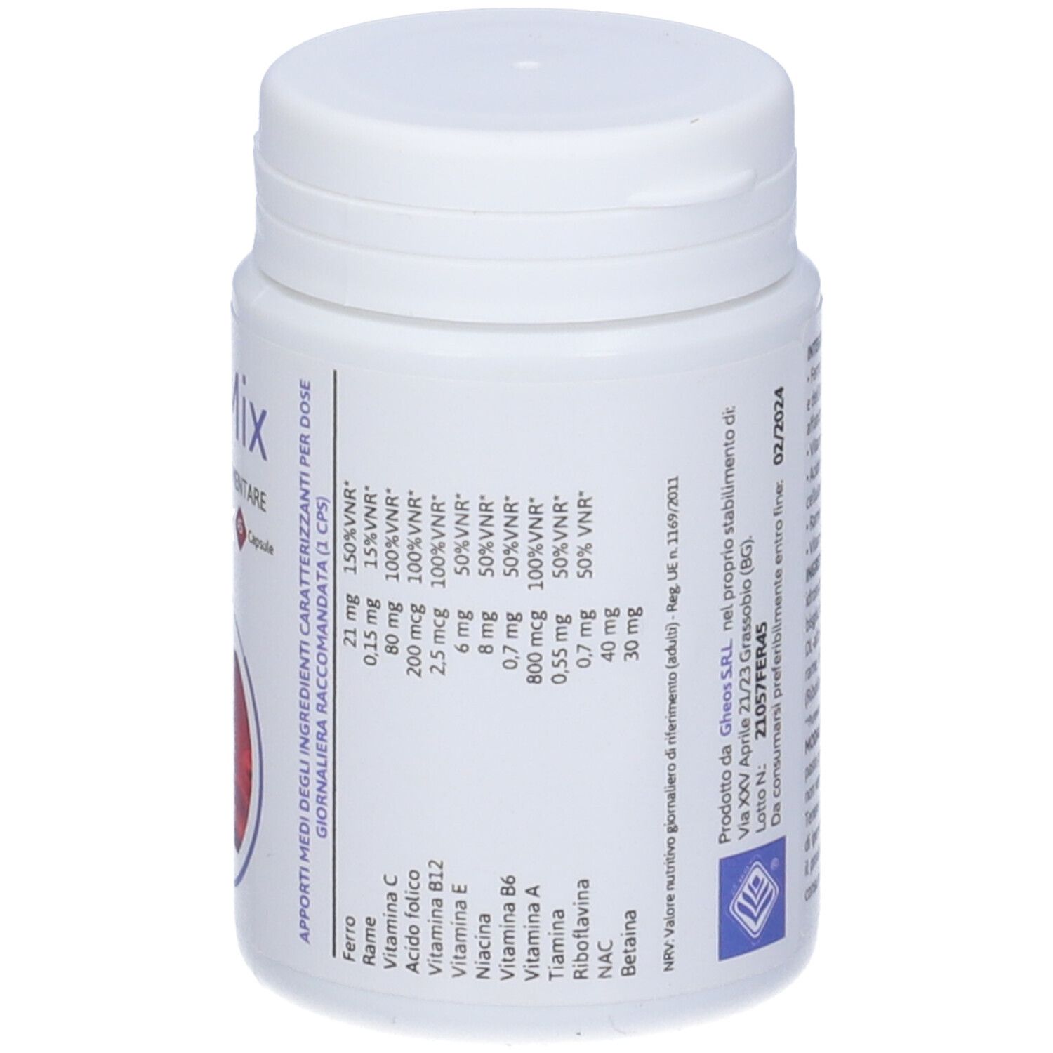 Flacone bianco con testo. Contiene informazioni su ingredienti e valori nutrizionali. Retro del prodotto.