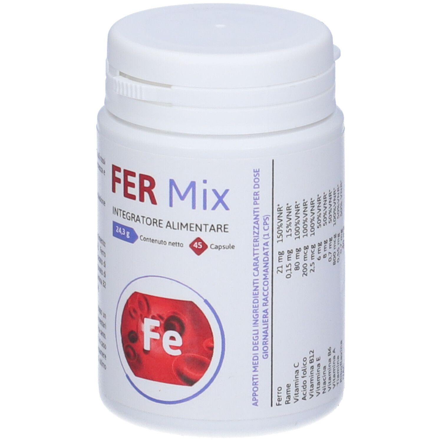 Flacone bianco con etichetta rossa. Scritta: FER Mix, 45 capsule. Grafica globuli rossi. Contiene ferro.