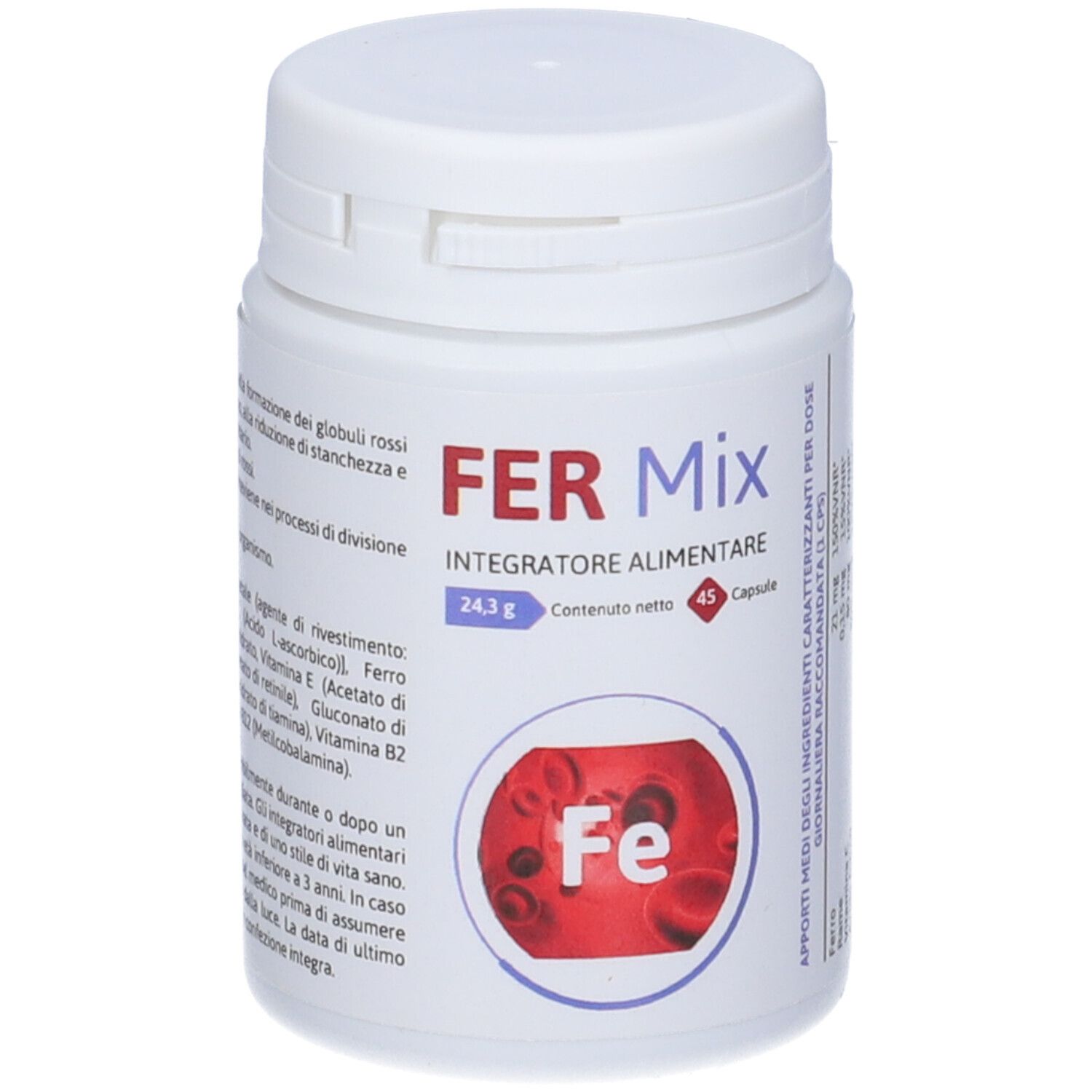 Flacone bianco con etichetta rossa. Scritta: FER Mix, 45 capsule. Grafica globuli rossi. Contiene ferro.