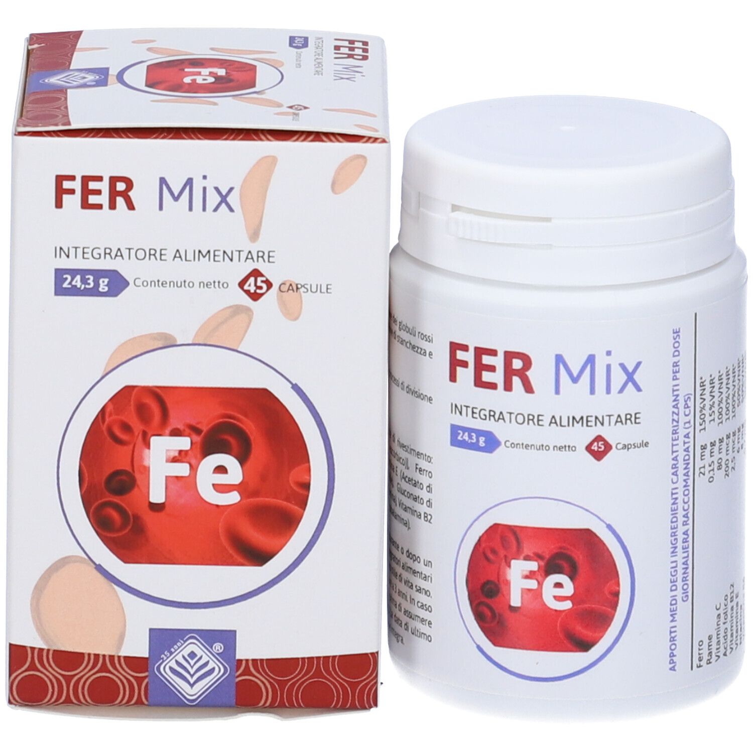 Confezione del prodotto con flacone e scatola. Scritta: FER Mix, 45 capsule. Grafica globuli rossi. Contiene ferro.