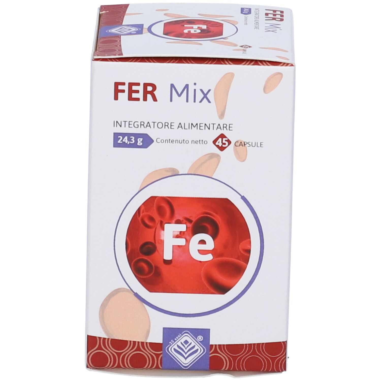 Confezione del prodotto. Scritta: FER Mix, 45 capsule. Grafica globuli rossi. Contiene ferro. Scatola bianca.