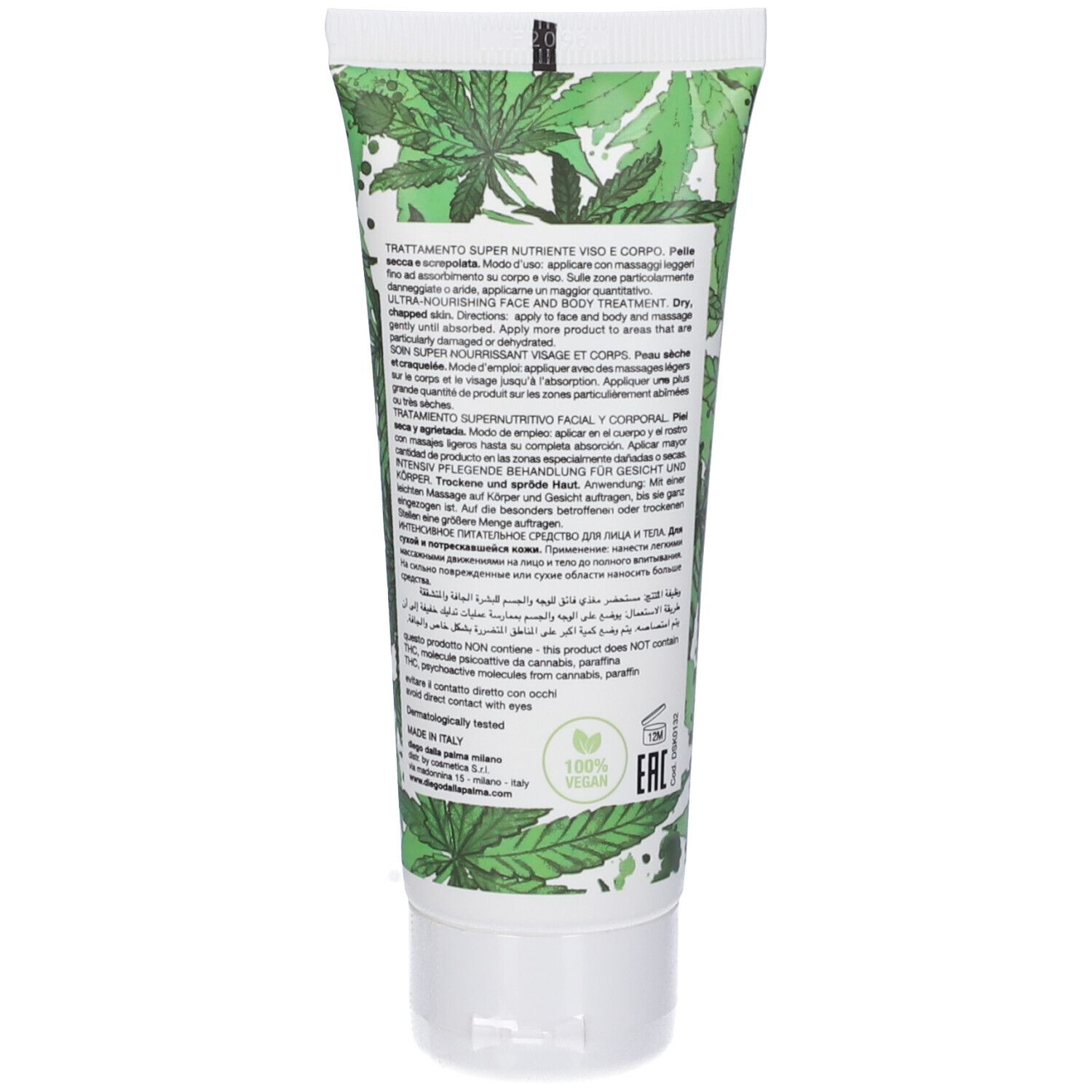 Retro del tubo di crema. Testo multilingue. Contiene informazioni sugli ingredienti e l'uso. Vegano, 100%.