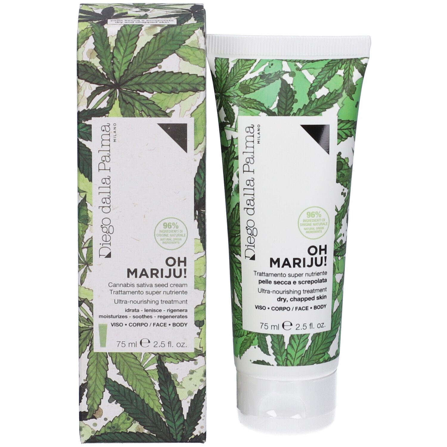 Tubo crema e scatola. Entrambi con motivo a foglie di cannabis verdi. Testo: Oh Mariju!, 75 ml. Scatola con informazioni sul prodotto.