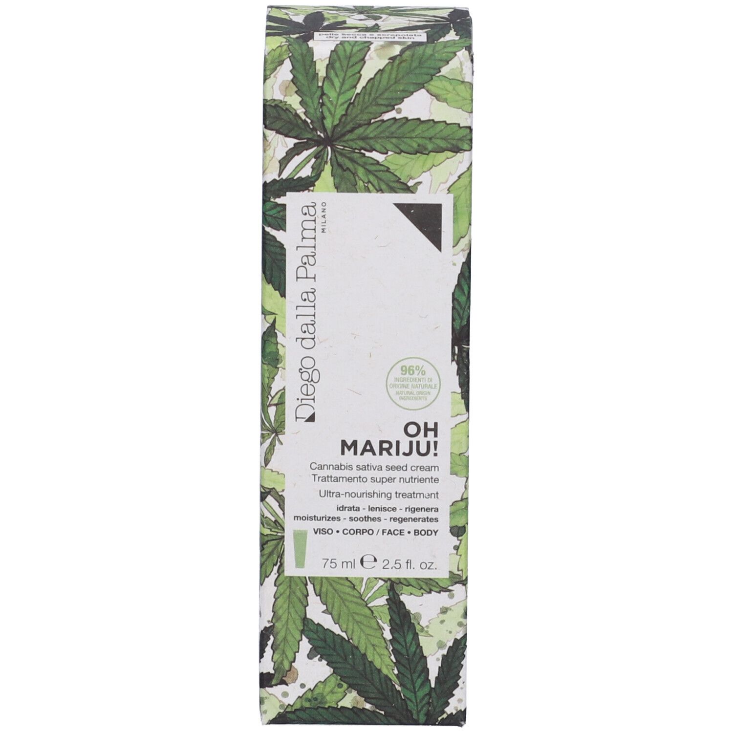 Scatola con motivo a foglie di cannabis verdi. Testo: Oh Mariju!, 75 ml. Contiene informazioni sul prodotto e ingredienti.