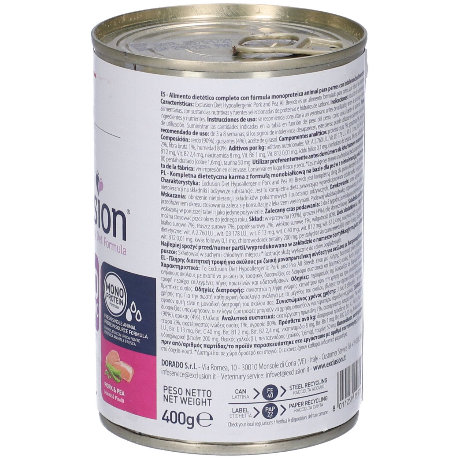 Exclusion Monoprotein Veterinary Diet Formula Hypoallergenic Pork And Pea All Breeds 400 G