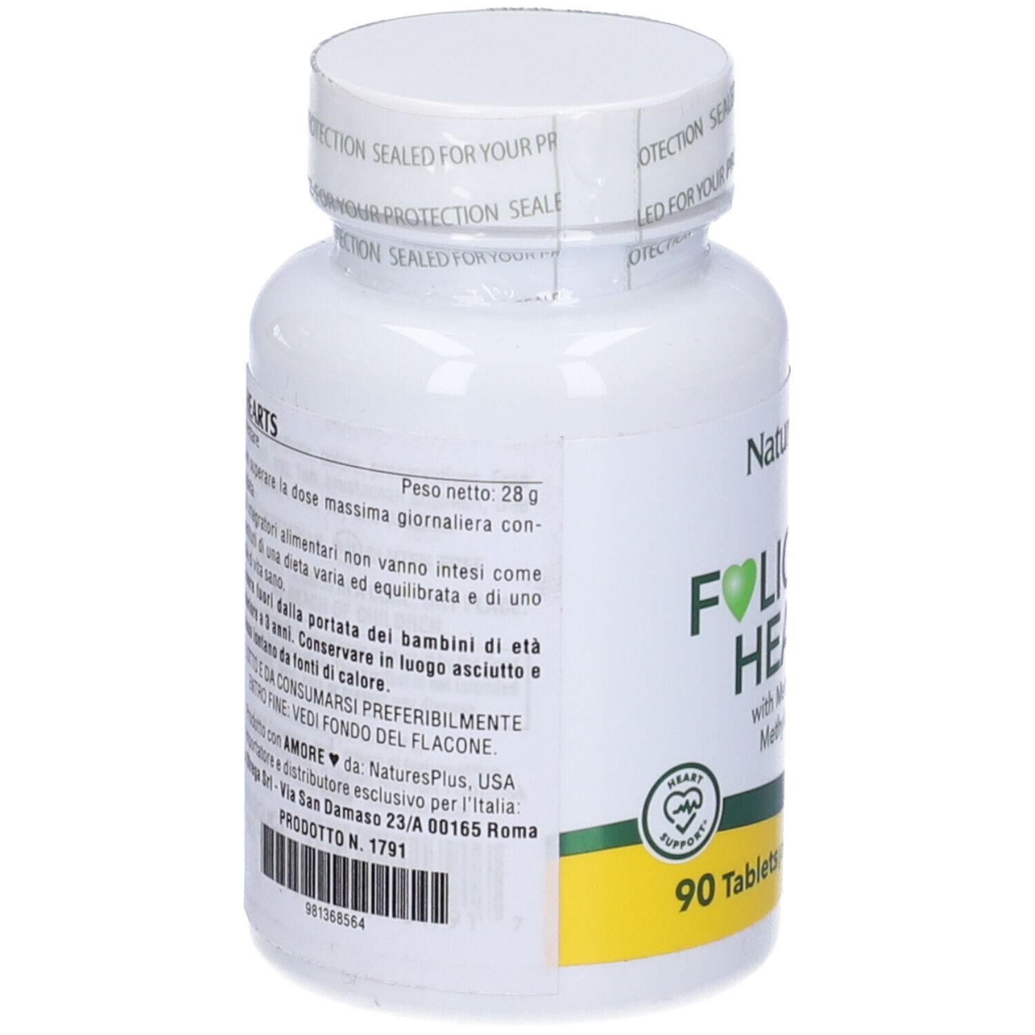 Retro flacone bianco Folic Acid Hearts. Testo in italiano, informazioni produttore.