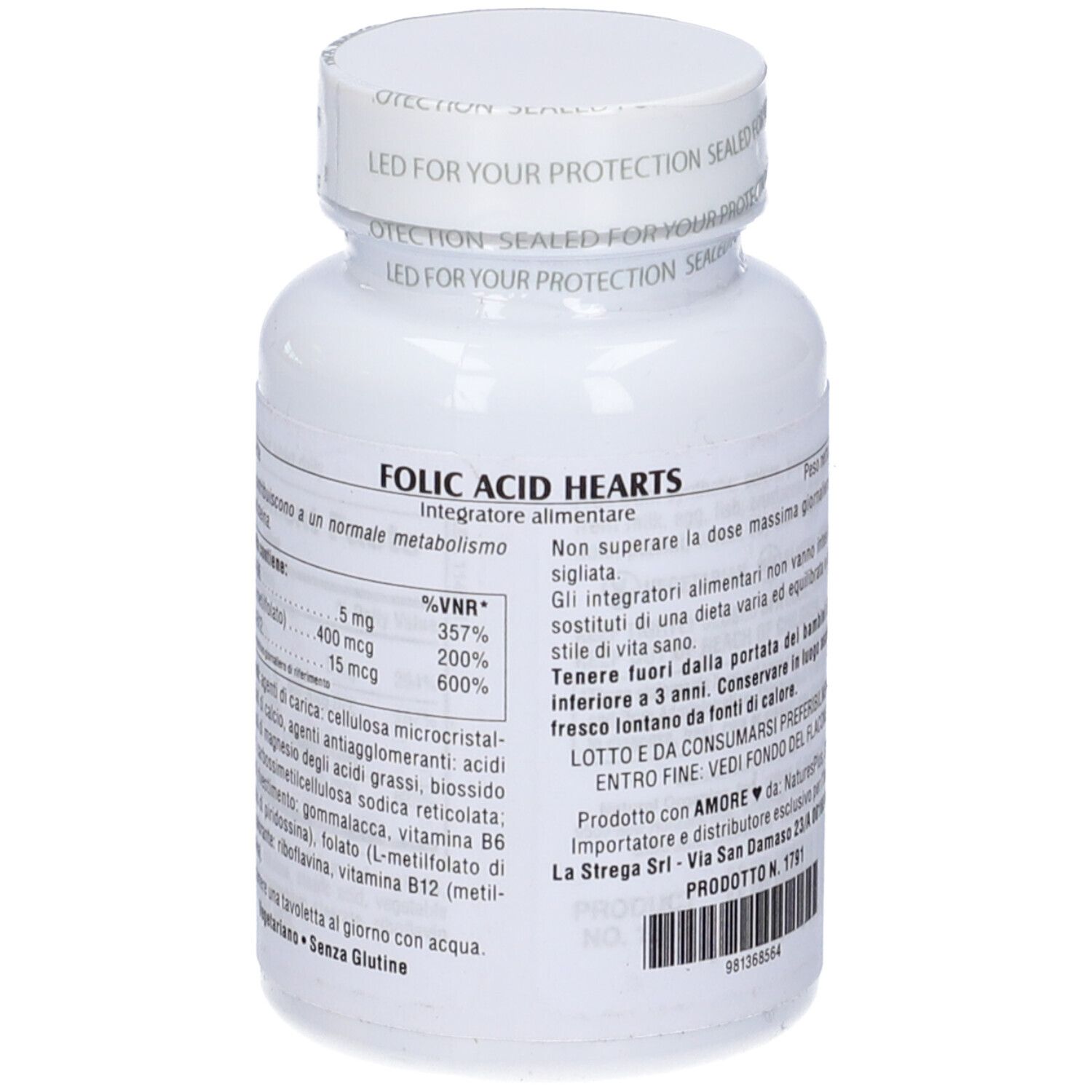 Retro flacone bianco Folic Acid Hearts. Testo con informazioni nutrizionali in italiano.