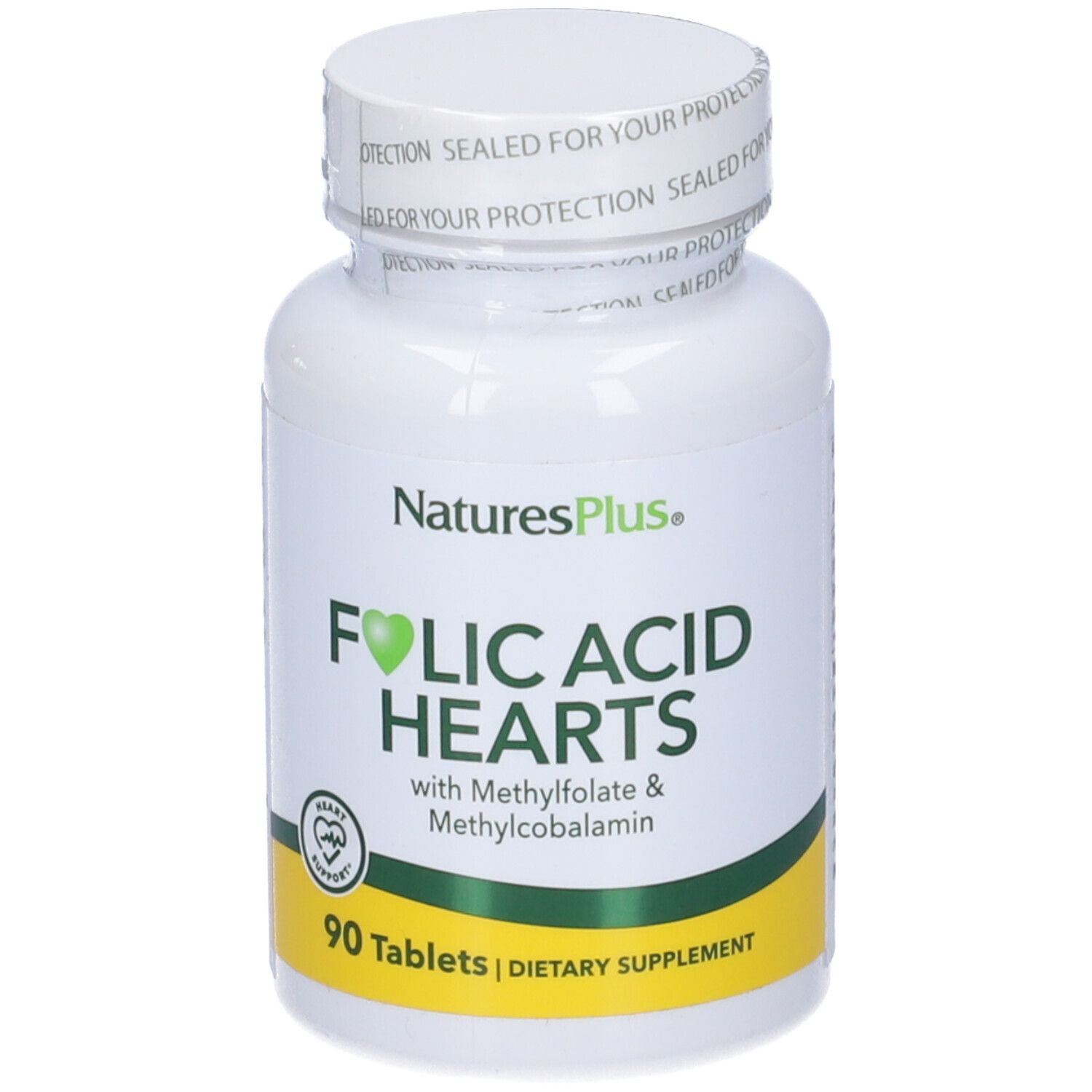 Flacone bianco Folic Acid Hearts. Scritta: NaturesPlus, 90 compresse. Simbolo cuore verde.