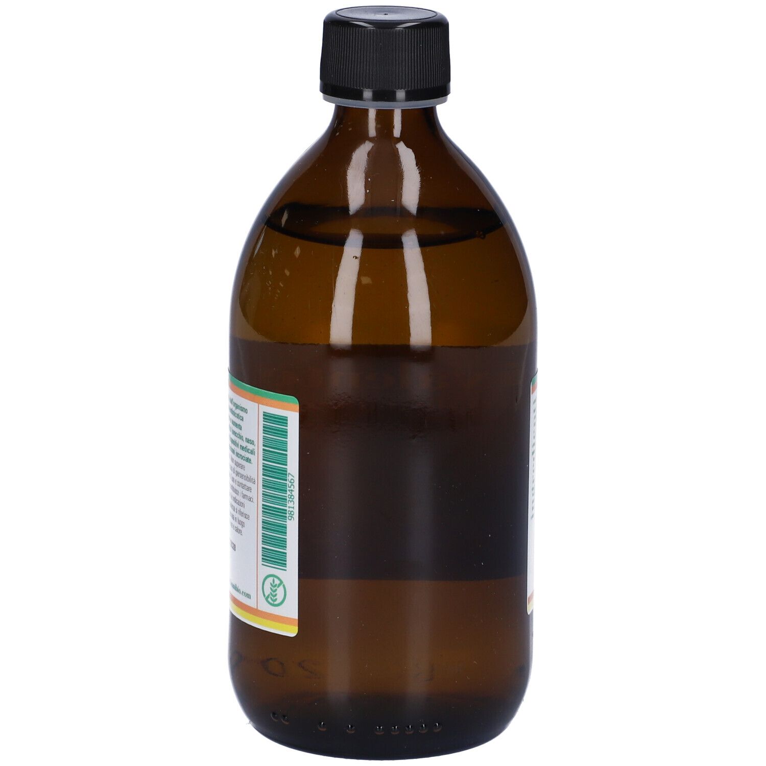 Bottiglia di vetro marrone con tappo nero. Etichetta con testo e design colorato. Indicazione di volume 500 ml.