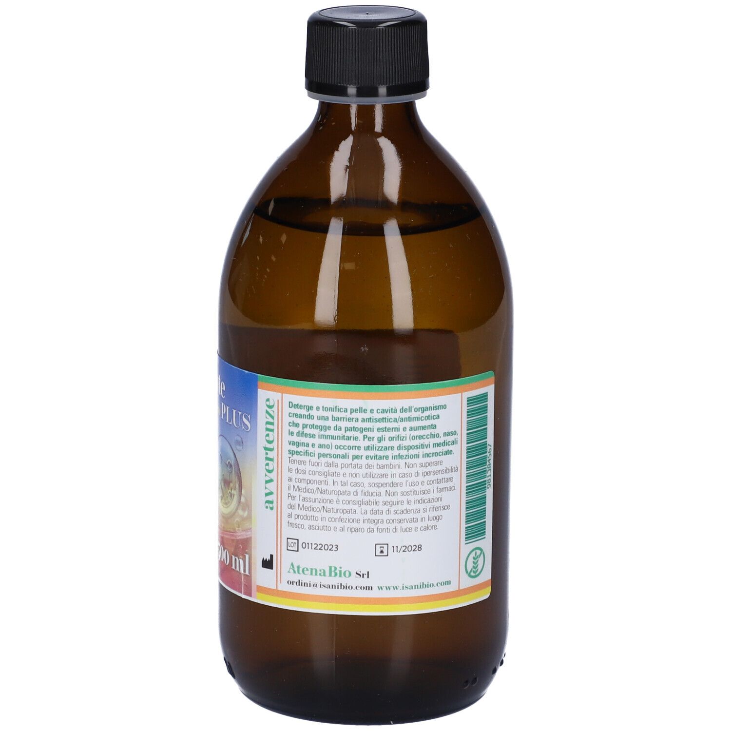 Bottiglia di vetro marrone con tappo nero. Etichetta con testo e design colorato. Indicazione di volume 500 ml.