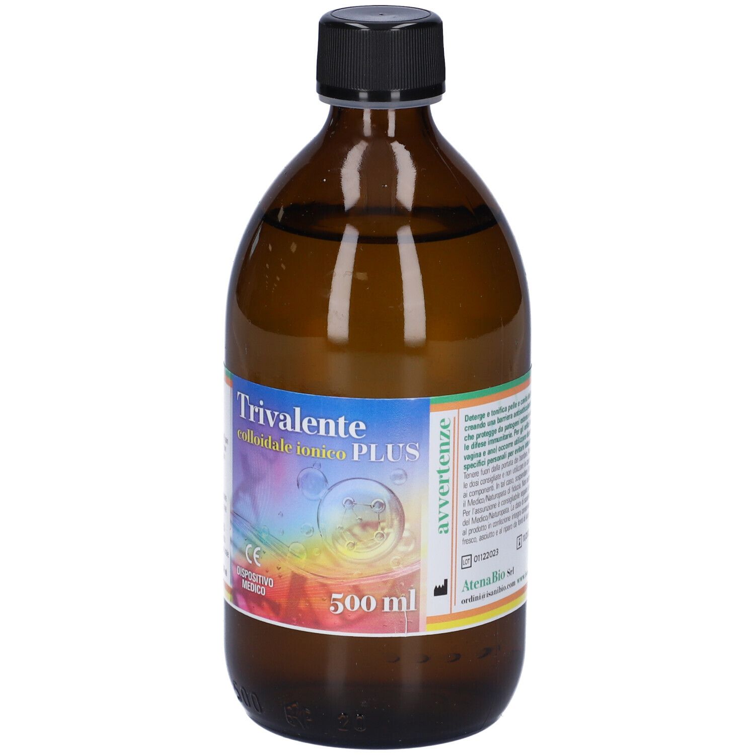 Bottiglia di vetro marrone con tappo nero. Etichetta con testo e design colorato. Indicazione di volume 500 ml.