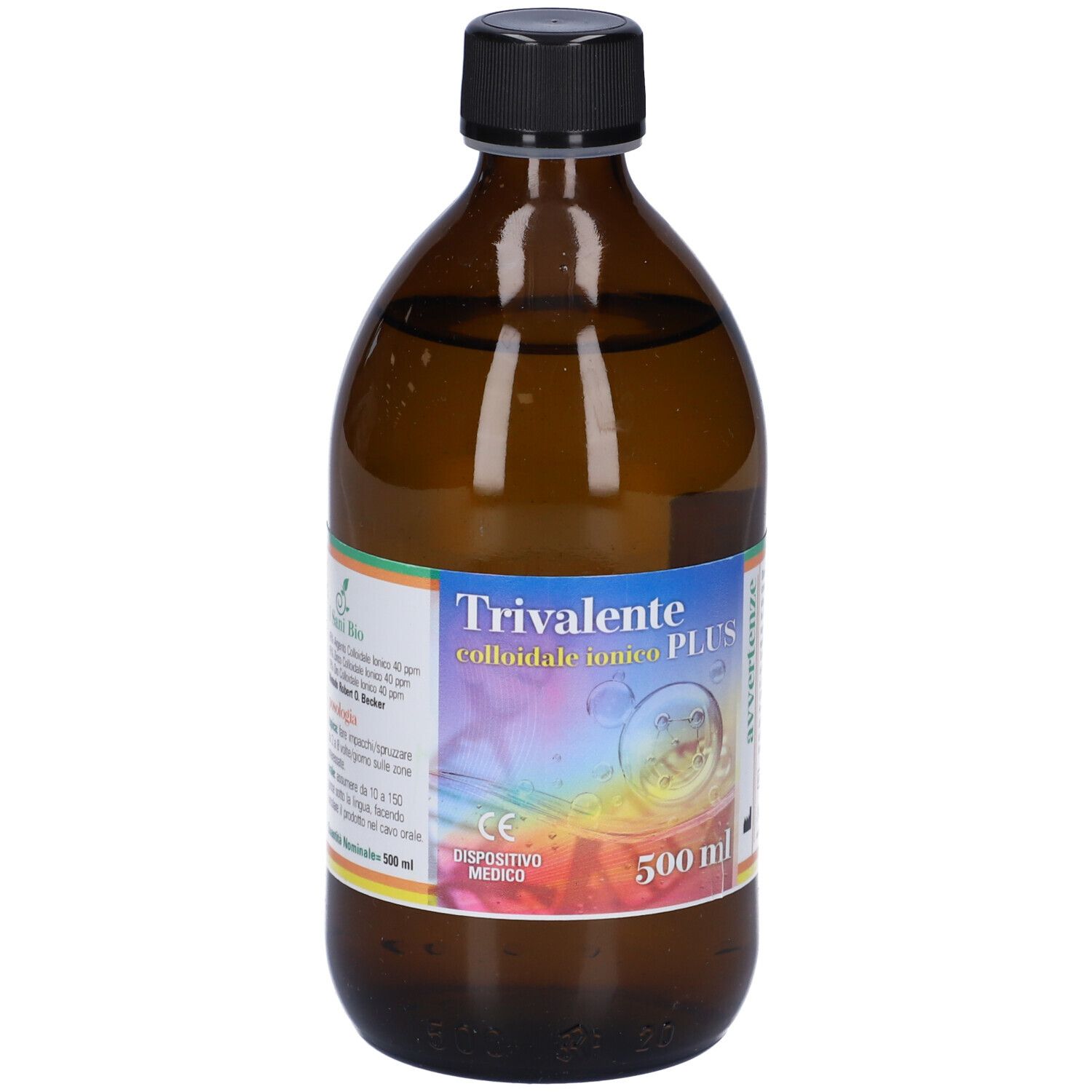 Bottiglia di vetro marrone con tappo nero. Etichetta con testo e design colorato. Indicazione di volume 500 ml.