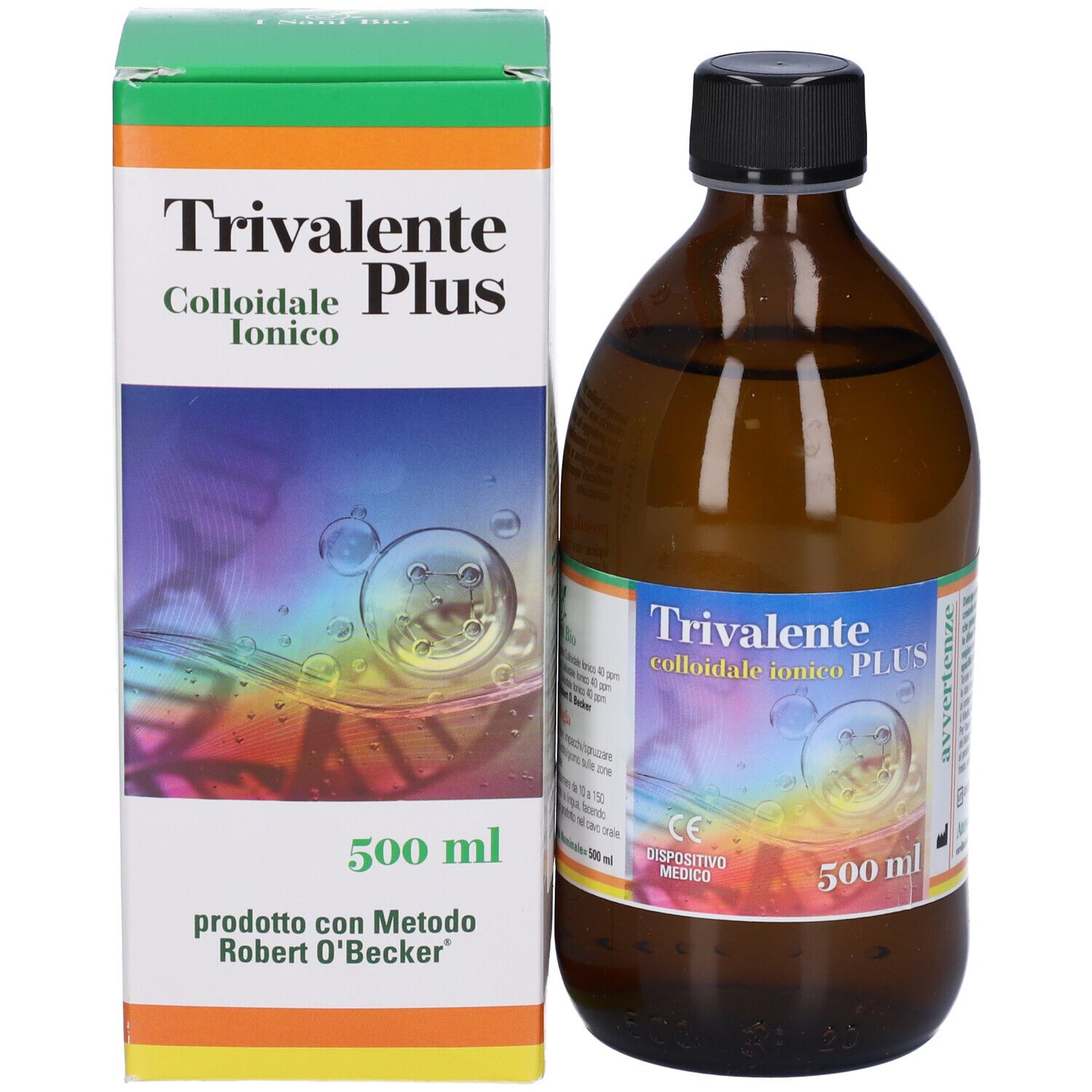 Bottiglia di vetro marrone con tappo nero e scatola. Scatola con testo e design colorato. Indicazione di volume 500 ml.