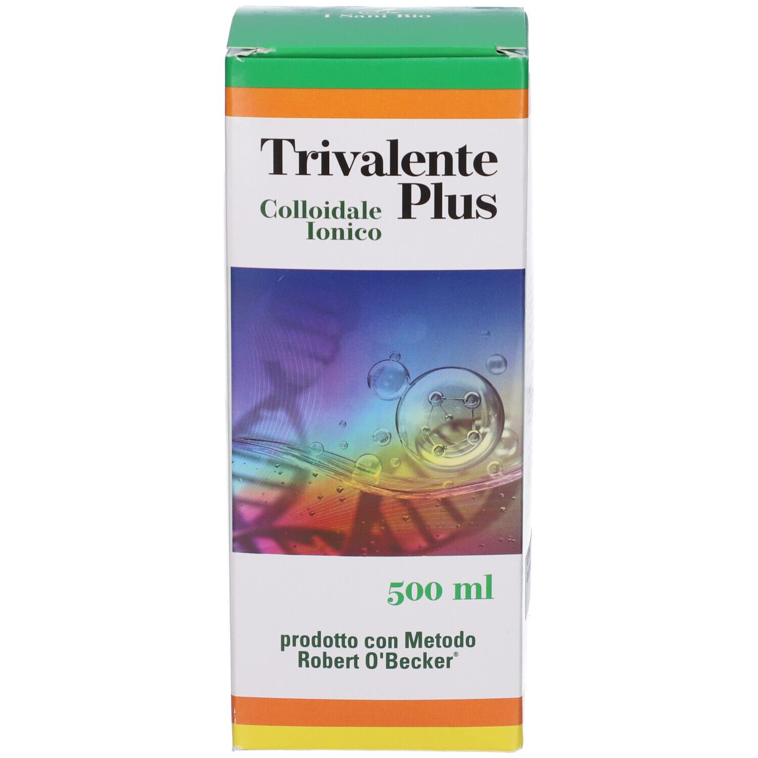 Scatola con testo e design colorato. Indicazione di volume 500 ml. Prodotto con metodo Robert O'Becker.