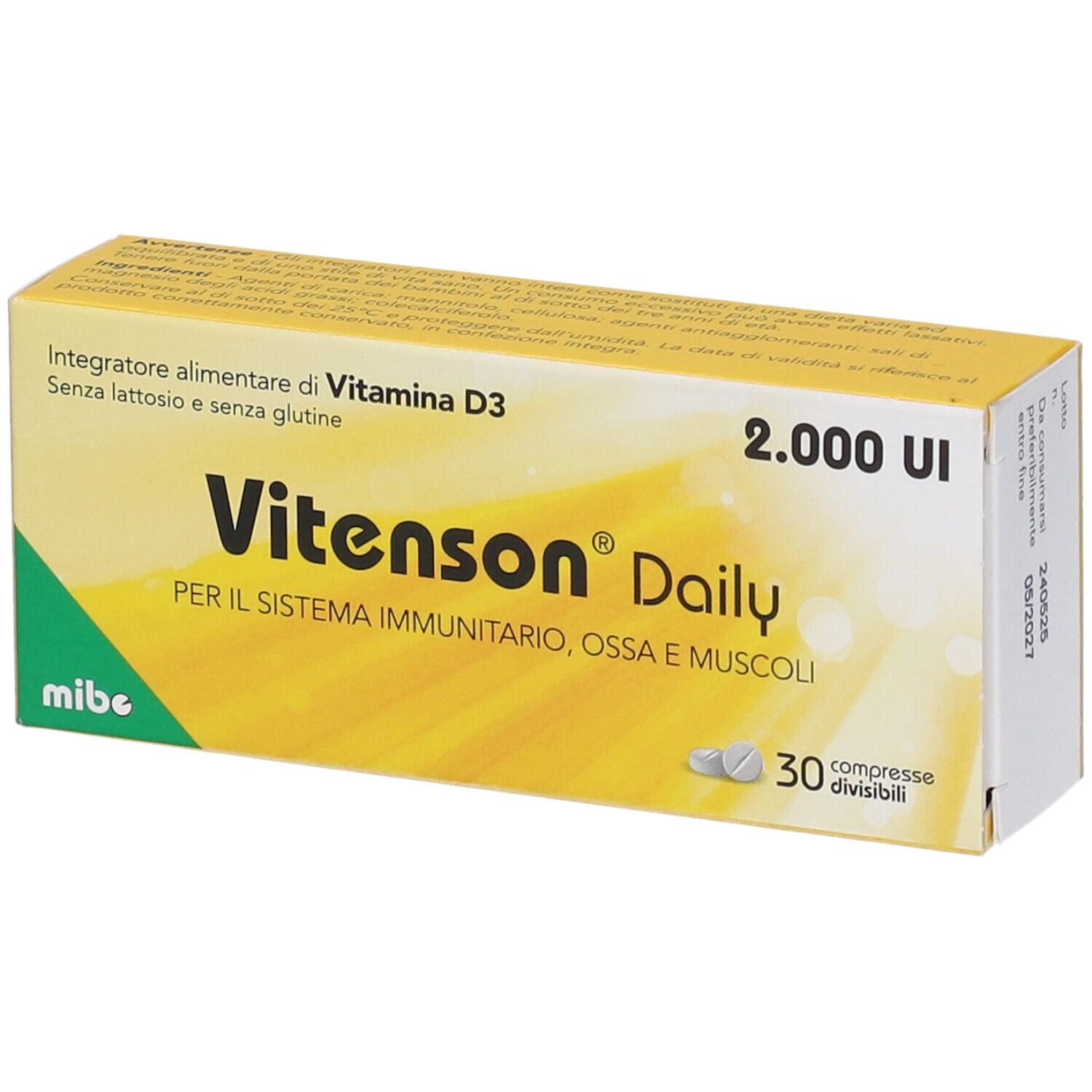 Confezione di Vitenson Daily D3. 2.000 UI, 30 compresse. Confezione gialla. Testo: 'PER IL SISTEMA IMMUNITARIO, OSSA E MUSCOLI'.