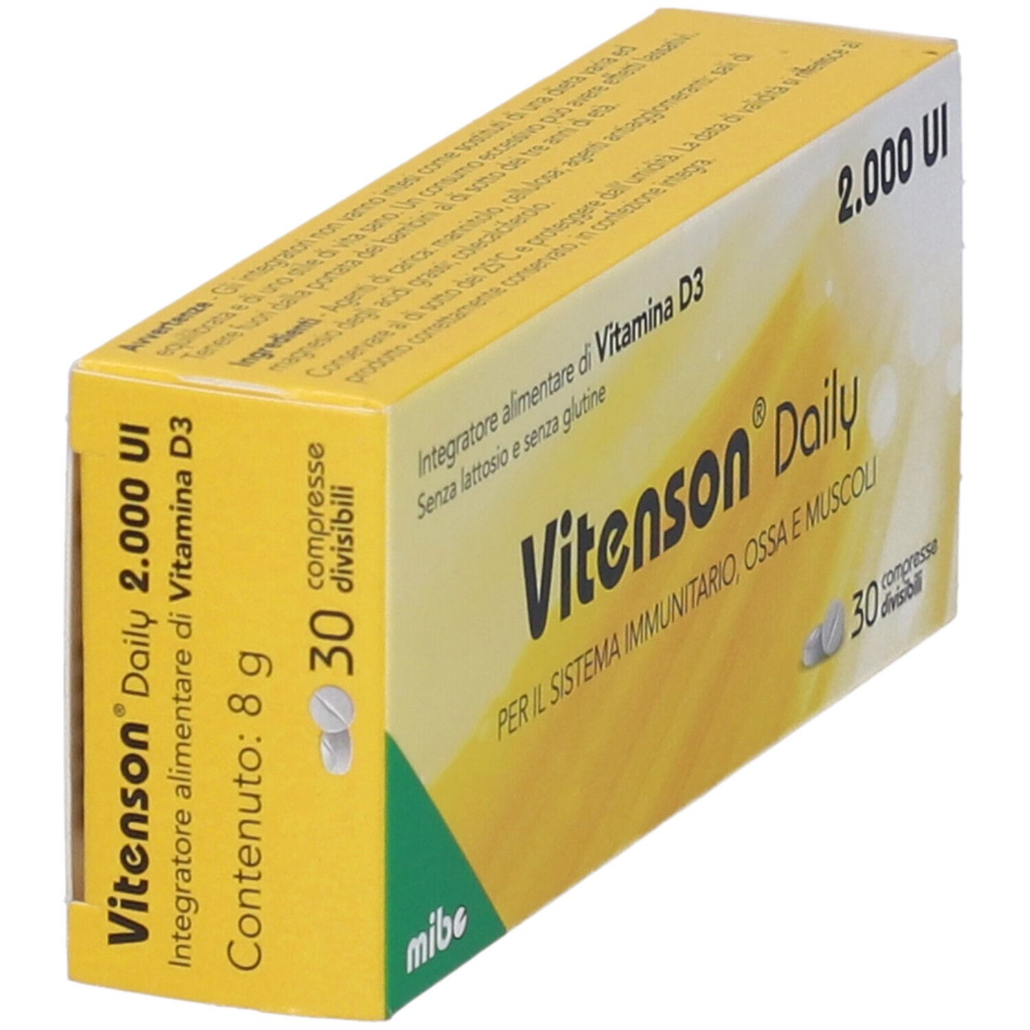 Confezione di Vitenson Daily D3. 2.000 UI, 30 compresse. Confezione gialla. Testo: 'PER IL SISTEMA IMMUNITARIO, OSSA E MUSCOLI'.