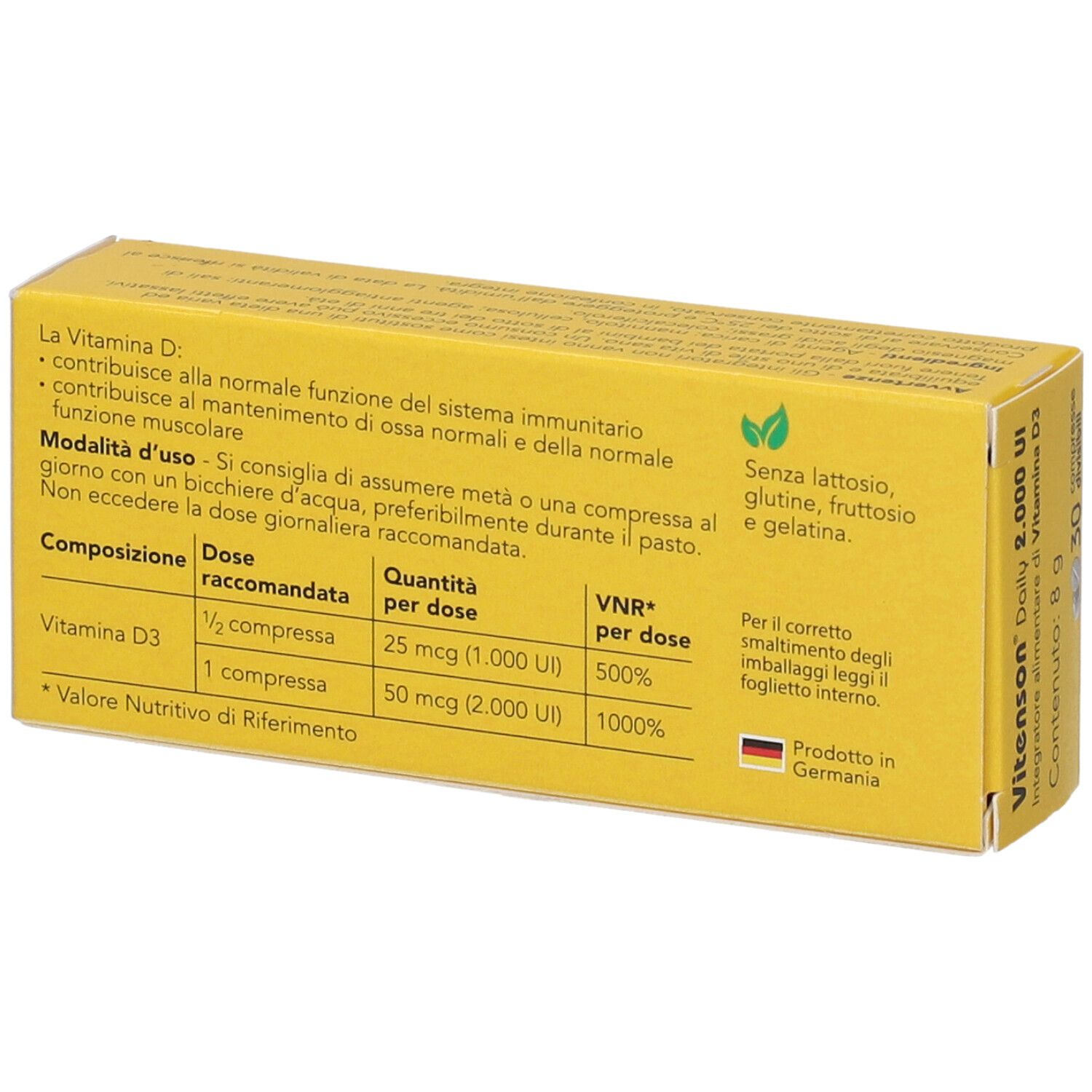 Confezione di Vitenson Daily D3. 2.000 UI, 30 compresse. Confezione gialla. Testo: 'PER IL SISTEMA IMMUNITARIO, OSSA E MUSCOLI'.