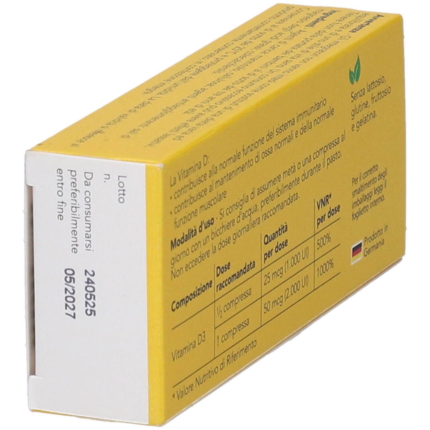 Confezione di Vitenson Daily D3. 2.000 UI, 30 compresse. Confezione gialla. Testo: 'PER IL SISTEMA IMMUNITARIO, OSSA E MUSCOLI'.