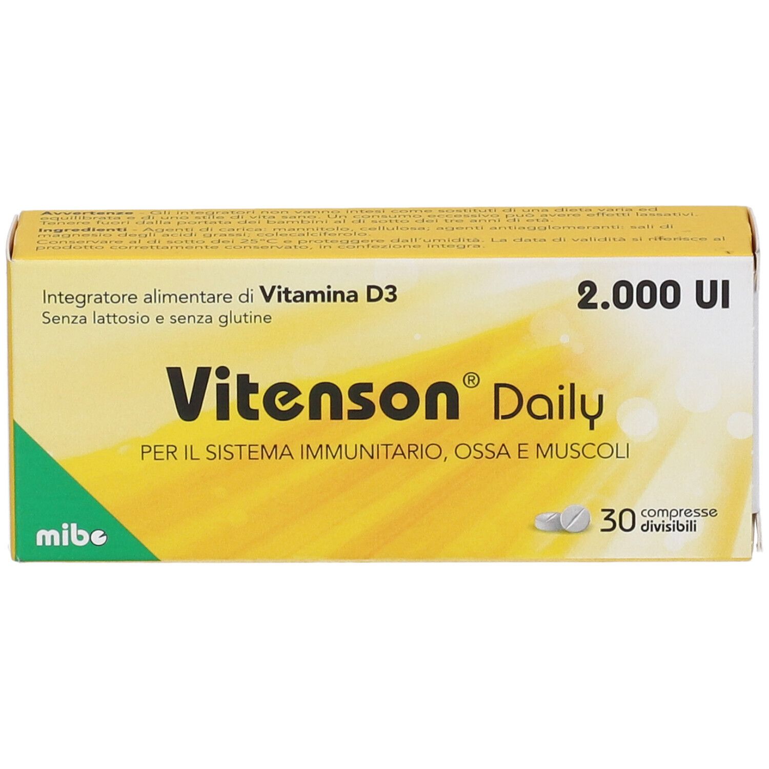 Confezione di Vitenson Daily D3. 2.000 UI, 30 compresse. Confezione gialla. Testo: 'PER IL SISTEMA IMMUNITARIO, OSSA E MUSCOLI'.
