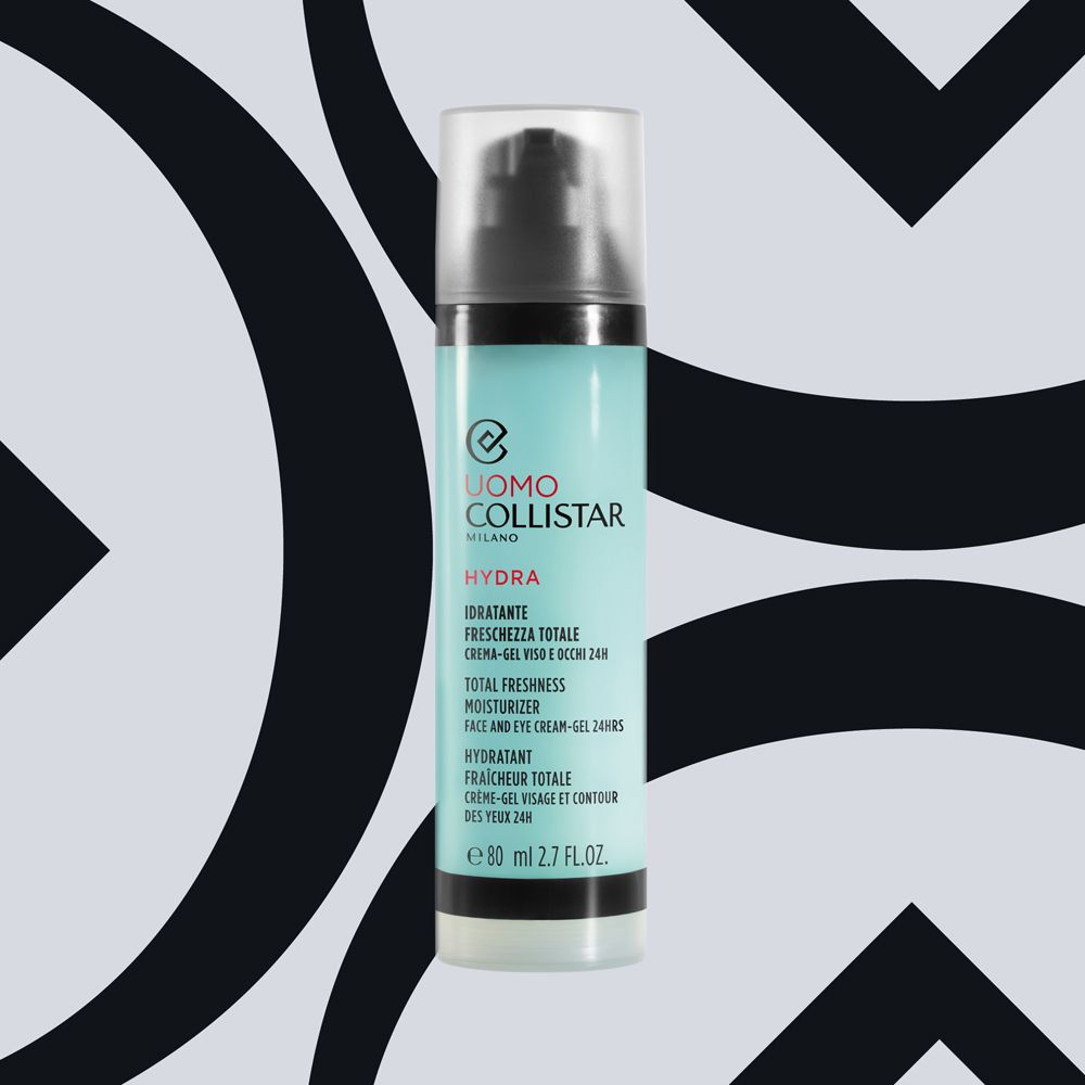 Collistar Uomo Hydra crema-gel viso e occhi su sfondo grafico.