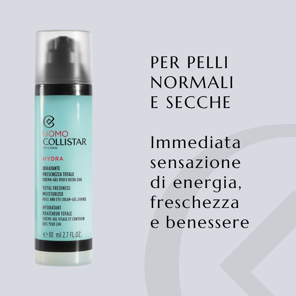 Collistar Uomo Hydra crema-gel viso e occhi con testo sui tipi di pelle.