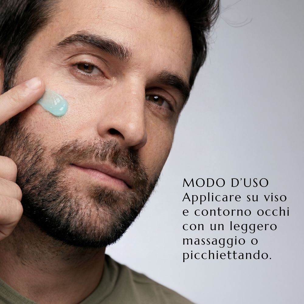 Un uomo applica la crema-gel viso e occhi Collistar Uomo Hydra.