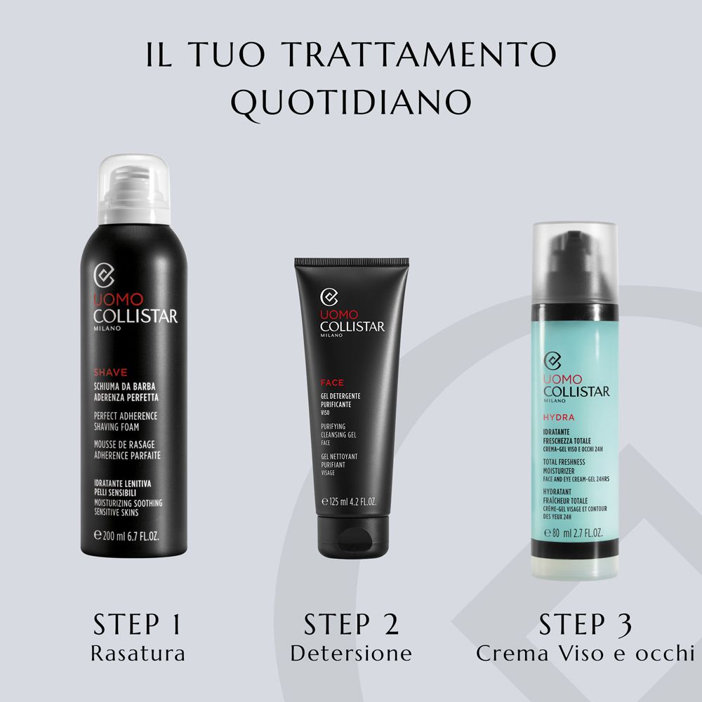 Collistar Uomo schiuma da barba, detergente viso e crema-gel occhi.
