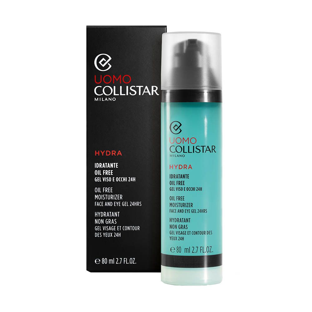 Flacone con confezione nera. Scritta: Uomo Collistar, Hydra, Oil Free, 80 ml.
