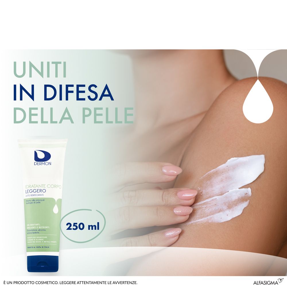 Pubblicità con Dermon Idratante Corpo Leggero. Donna applica la crema. Testo: Uniti in Difesa della Pelle.