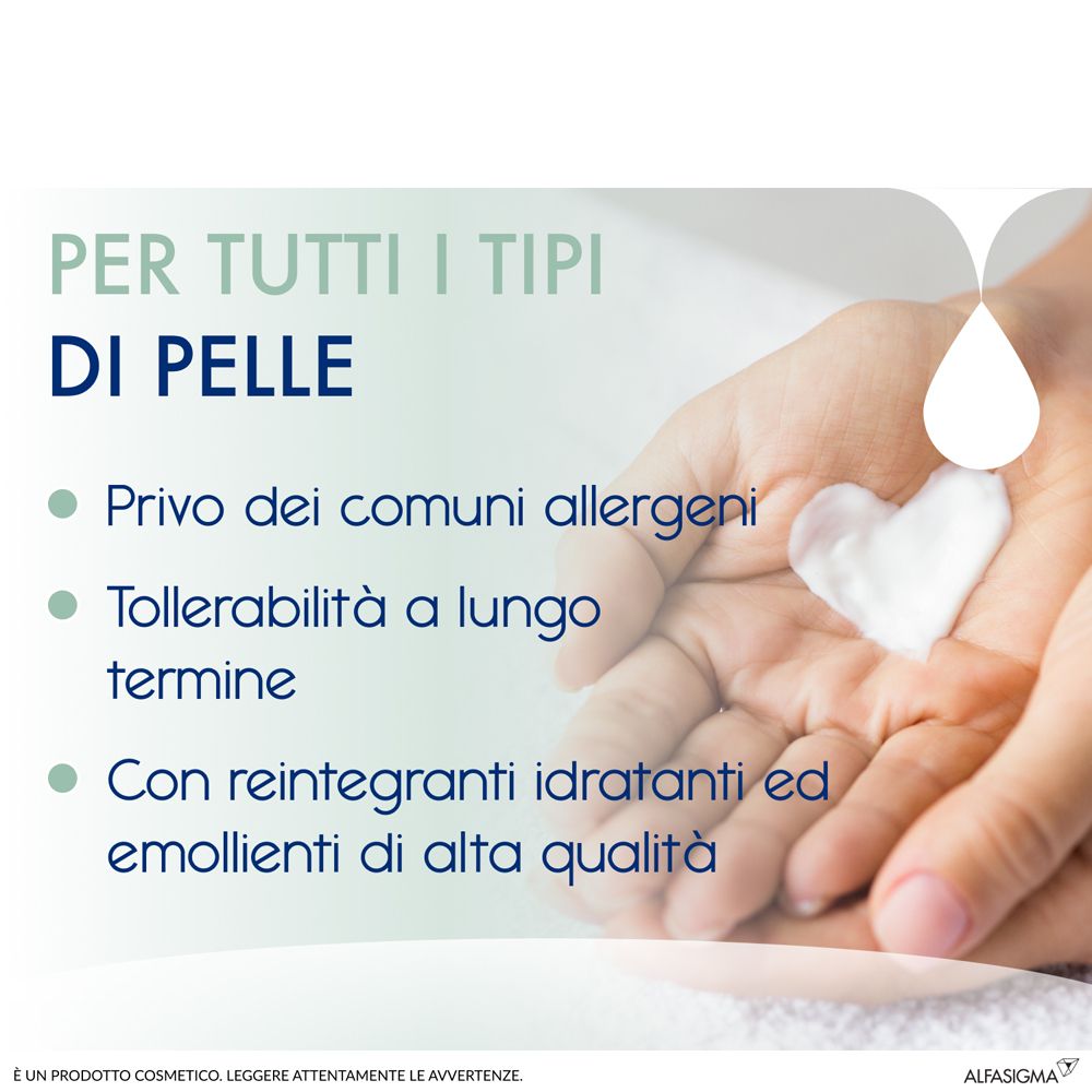 Mano con cuore di crema. Testo: Per tutti i tipi di pelle. Senza allergeni, tollerabilità a lungo termine.