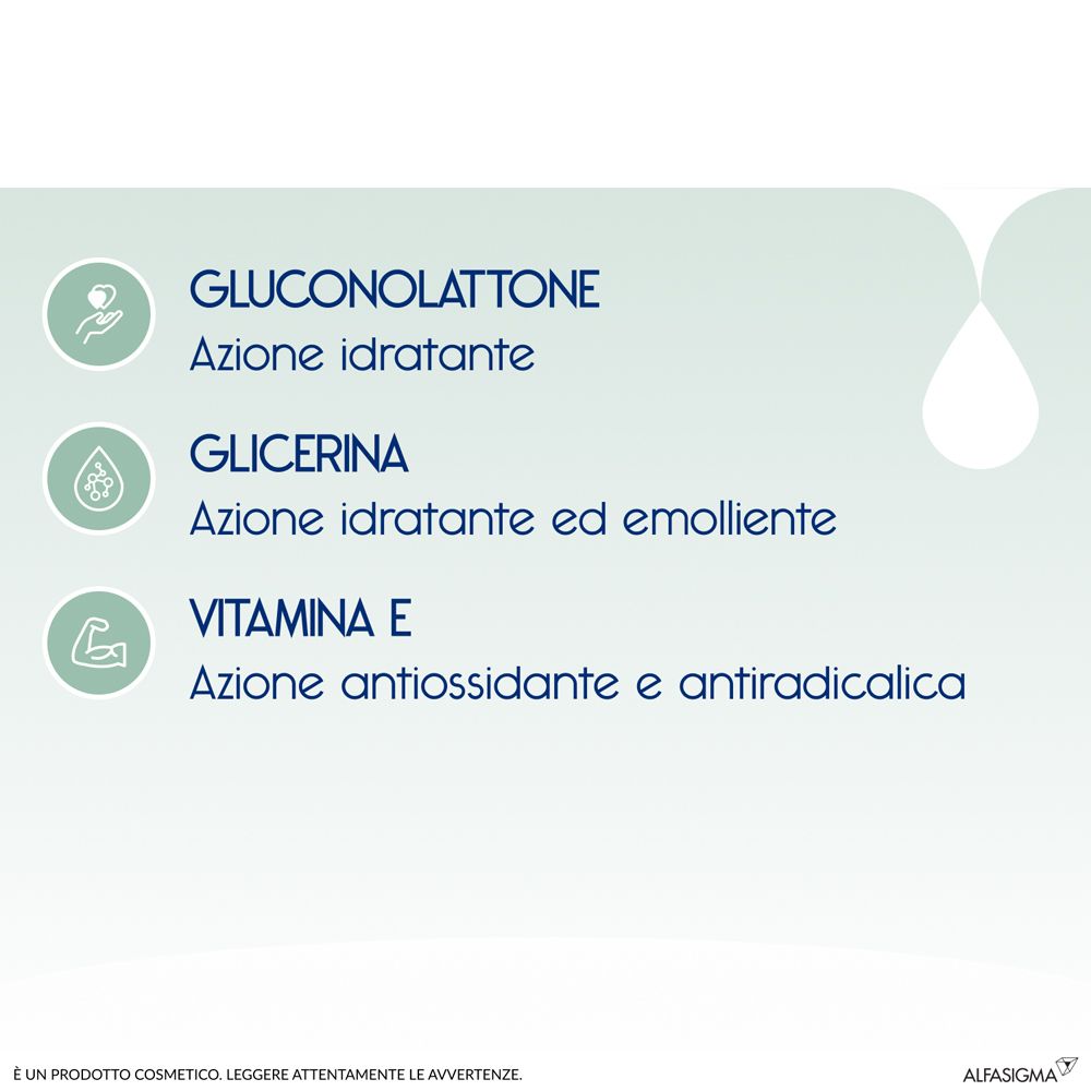 Testo: Gluconolattone, Glicerina, Vitamina E. Azioni: idratante, emolliente, antiossidante.