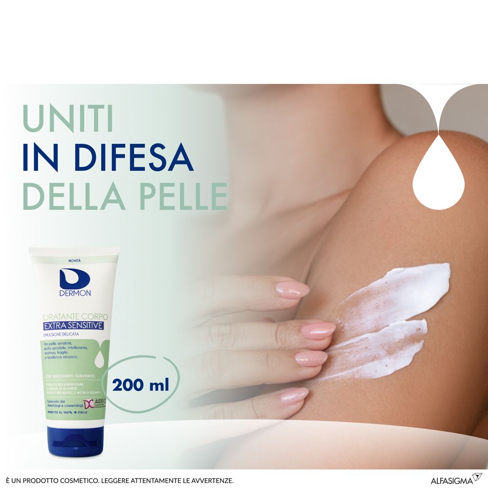 Pubblicità. Donna applica crema sul braccio. A sinistra: Dermon Idratante Corpo Extra Sensitive, 200 ml.