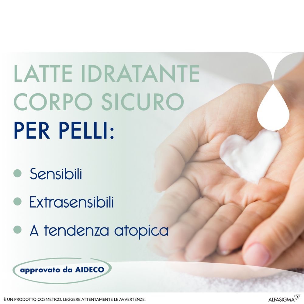 Mani che tengono crema a forma di cuore. Testo: Latte Idratante Corpo Sicuro Per Pelli: Sensibili, Extrasensibili, A tendenza atopica.