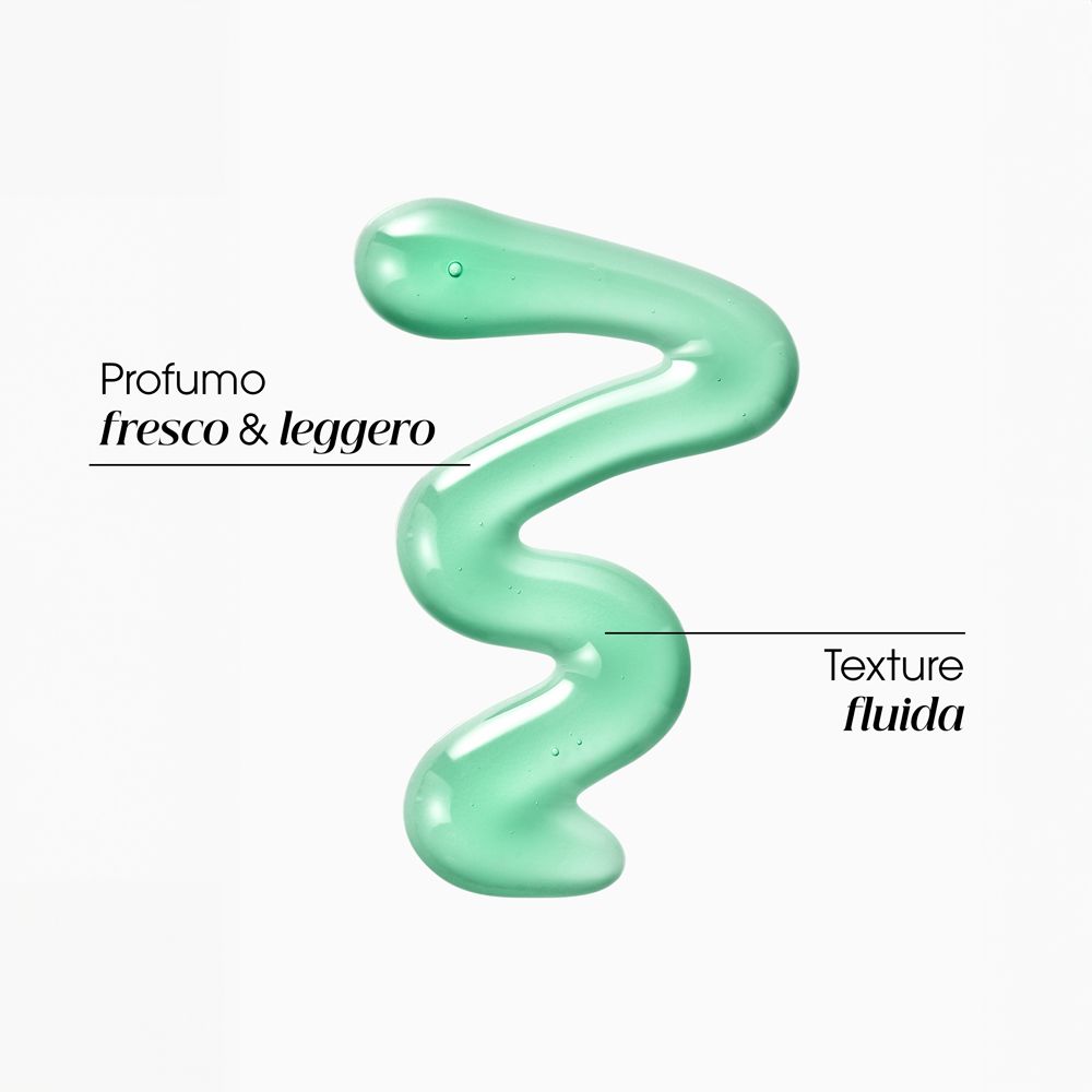 Texture di shampoo turchese a forma di onda. Didascalia: Profumo fresco & leggero, Texture fluida.