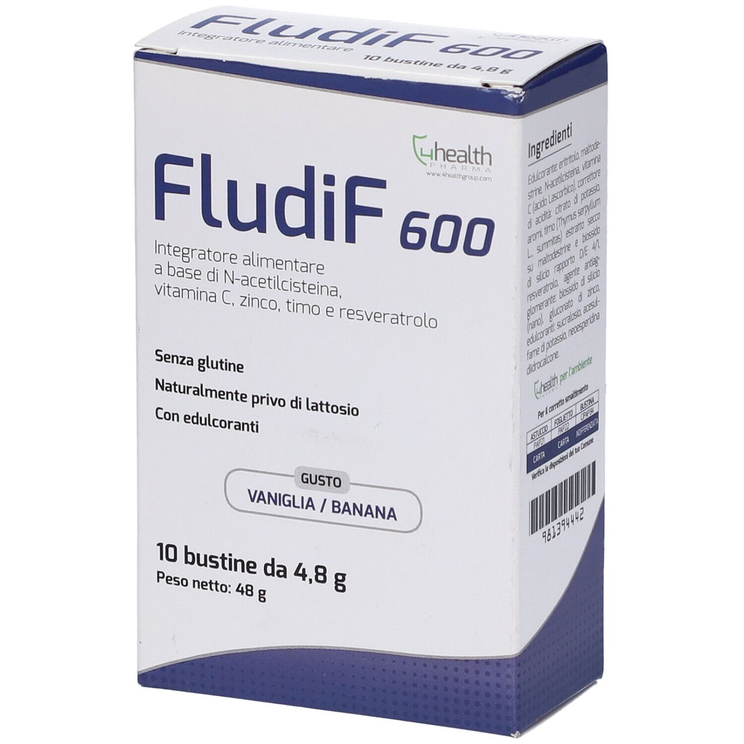 Scatola FludiF 600, 10 bustine. Scritto: Senza glutine, senza lattosio, con edulcoranti. Gusto: Vaniglia/Banana. Marchio: Ghealth.