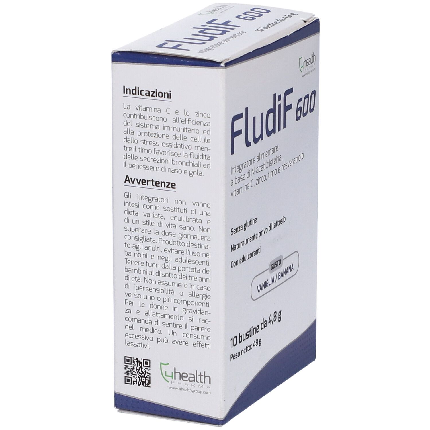 Scatola FludiF 600, 10 bustine. Scritto: Senza glutine, senza lattosio, con edulcoranti. Marchio: Ghealth. Retro con ingredienti.