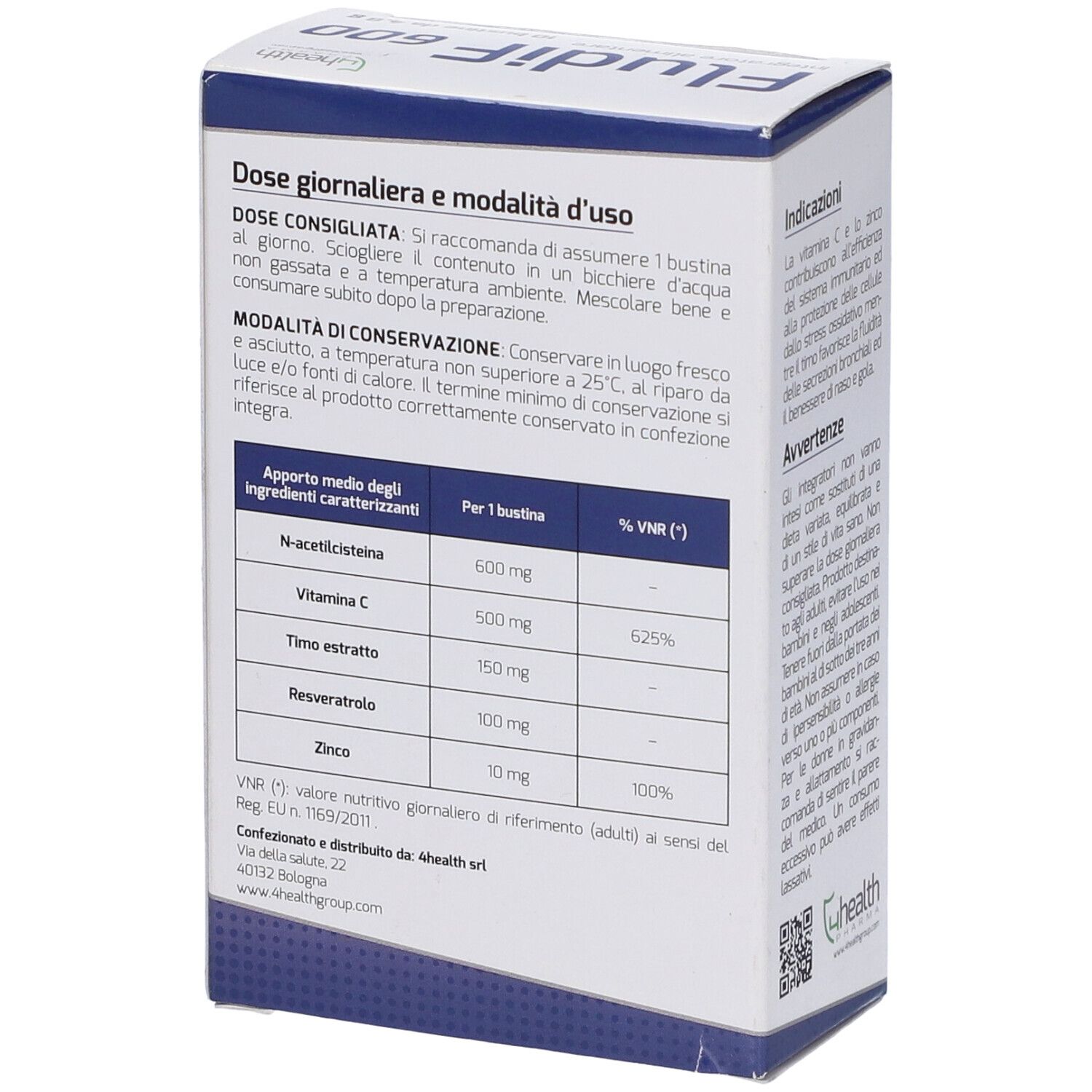 Scatola FludiF 600, retro. Contiene informazioni su dosaggio, ingredienti e valori nutrizionali. Marchio: Ghealth.