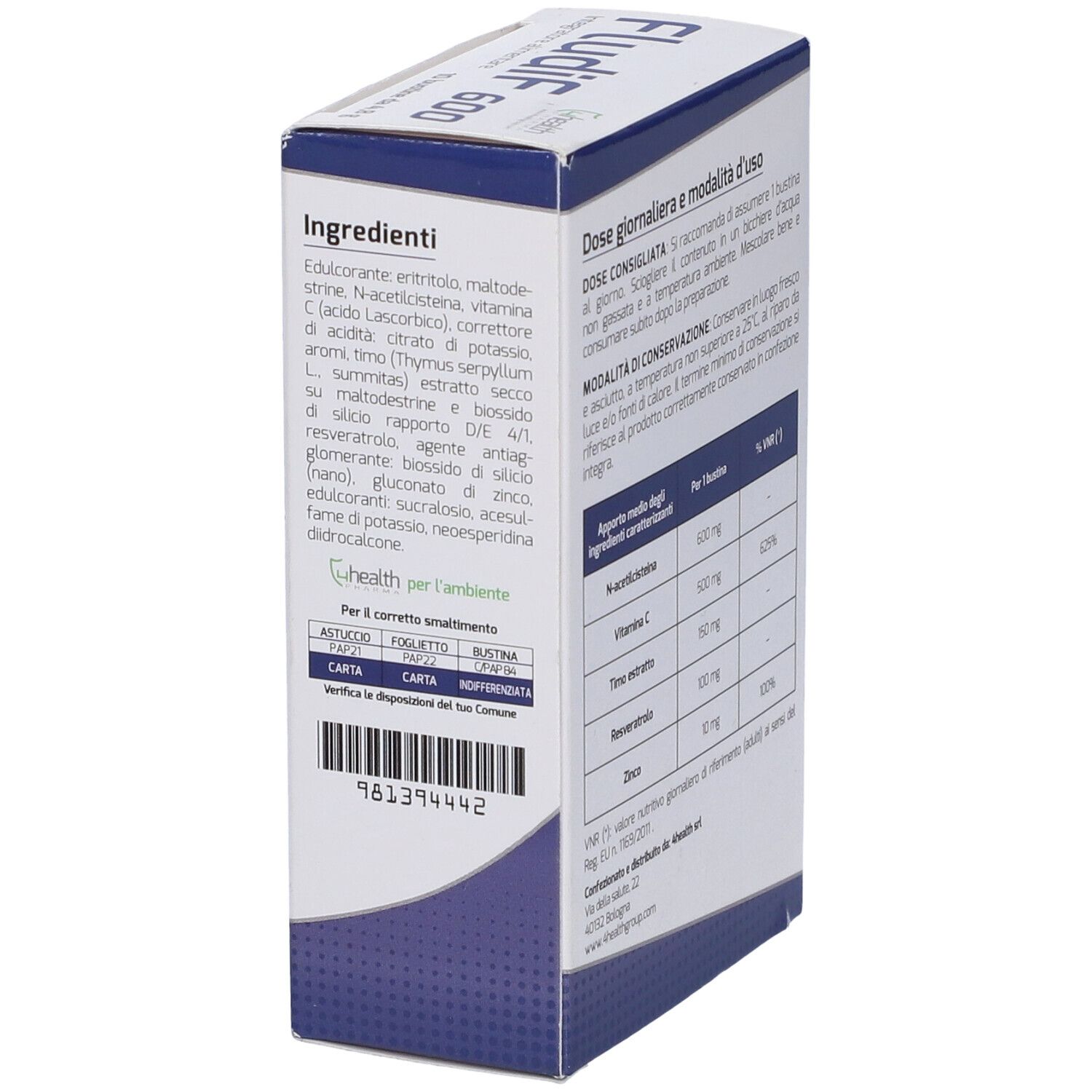 Scatola FludiF 600, vista laterale. Contiene informazioni sugli ingredienti e il dosaggio. Marchio: Ghealth.