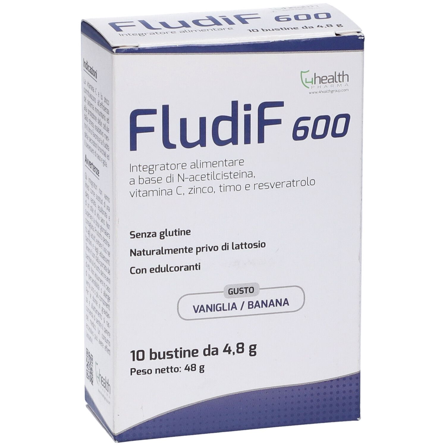 Scatola FludiF 600. Contiene 10 bustine. Scritto: Senza glutine, senza lattosio, con edulcoranti. Gusto: Vaniglia/Banana.