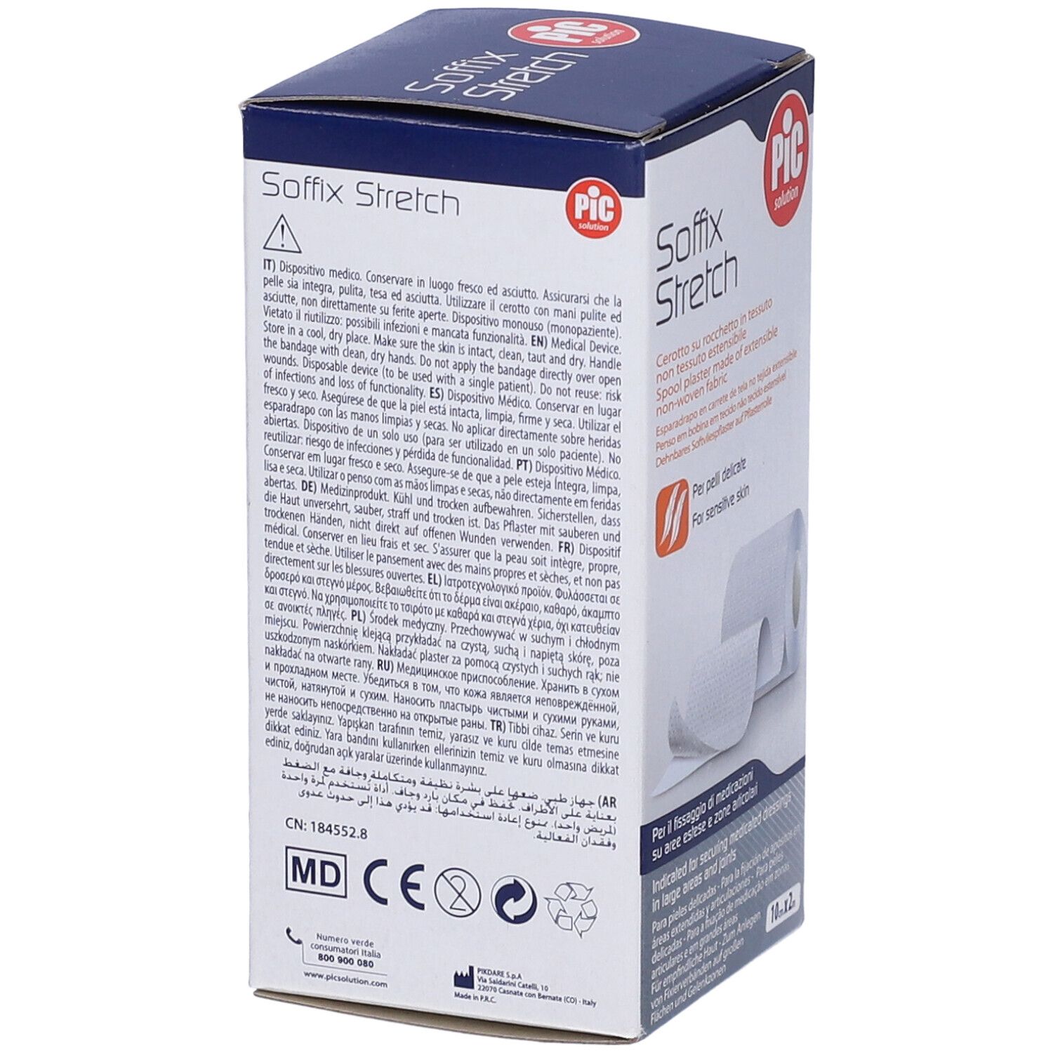 Retro della confezione Soffix Stretch. Testo multilingue. Marchio MD e CE.