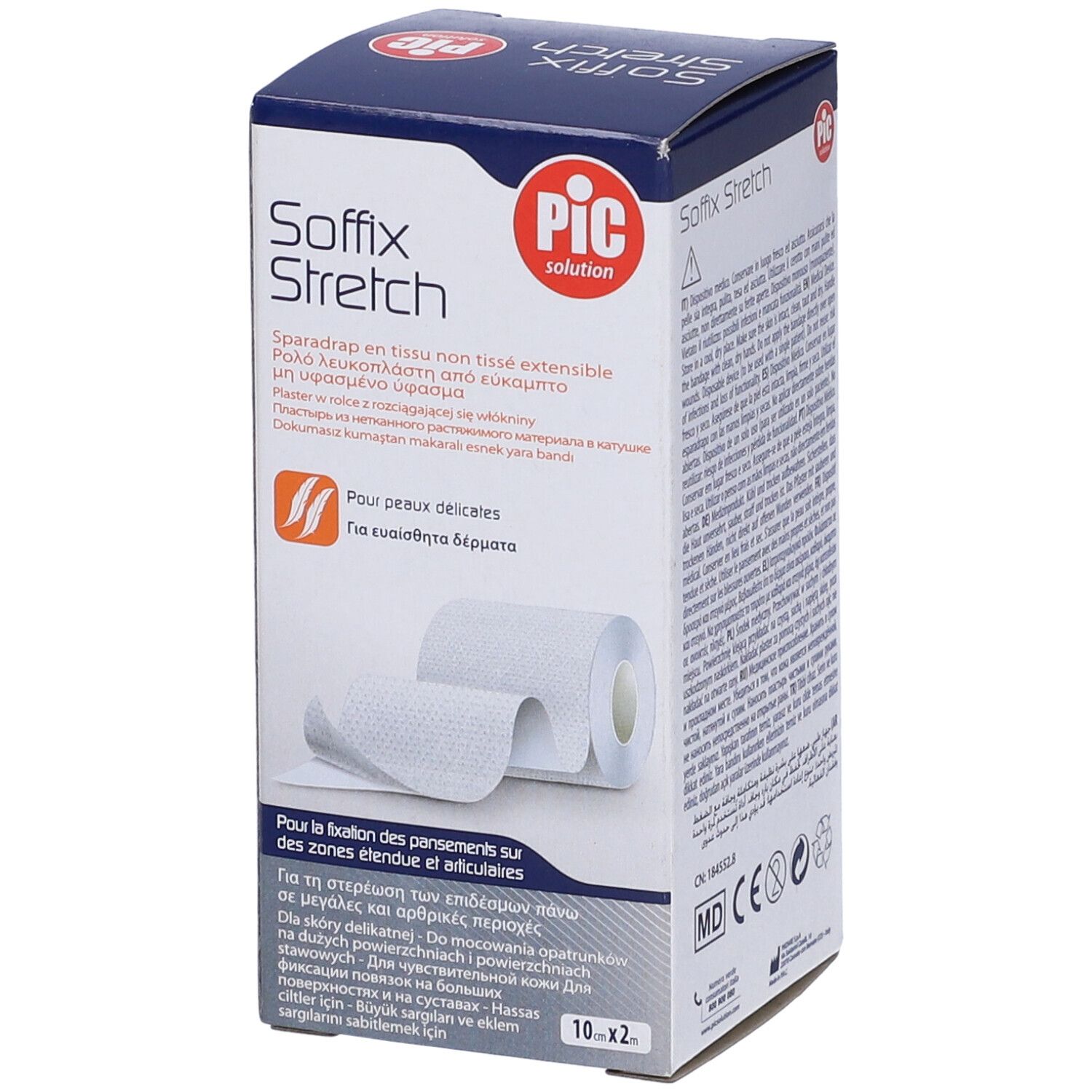 Confezione Soffix Stretch. Rotolo di tessuto non tessuto estensibile. Testo multilingue. Logo PIC.