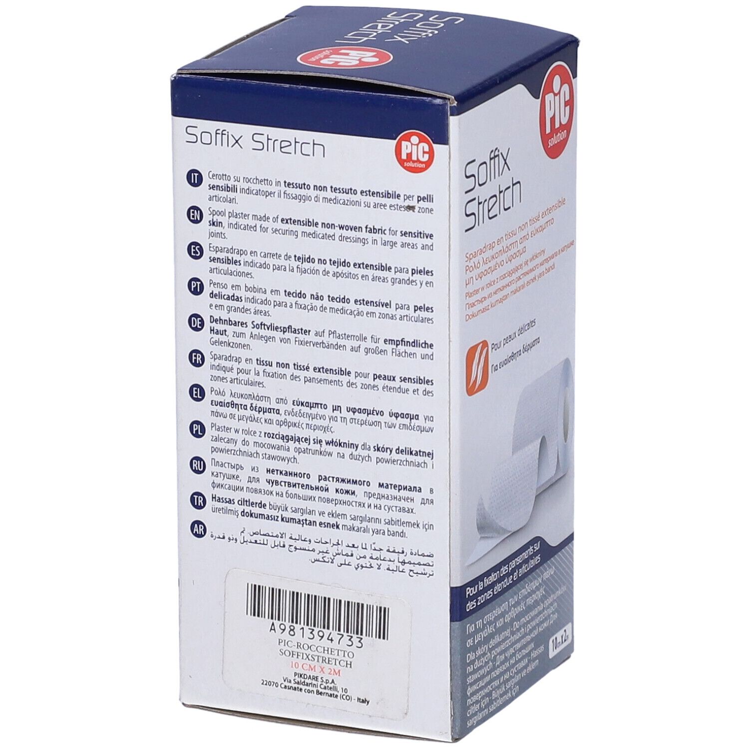 Retro della confezione Soffix Stretch. Testo multilingue. Logo PIC e informazioni sul prodotto.